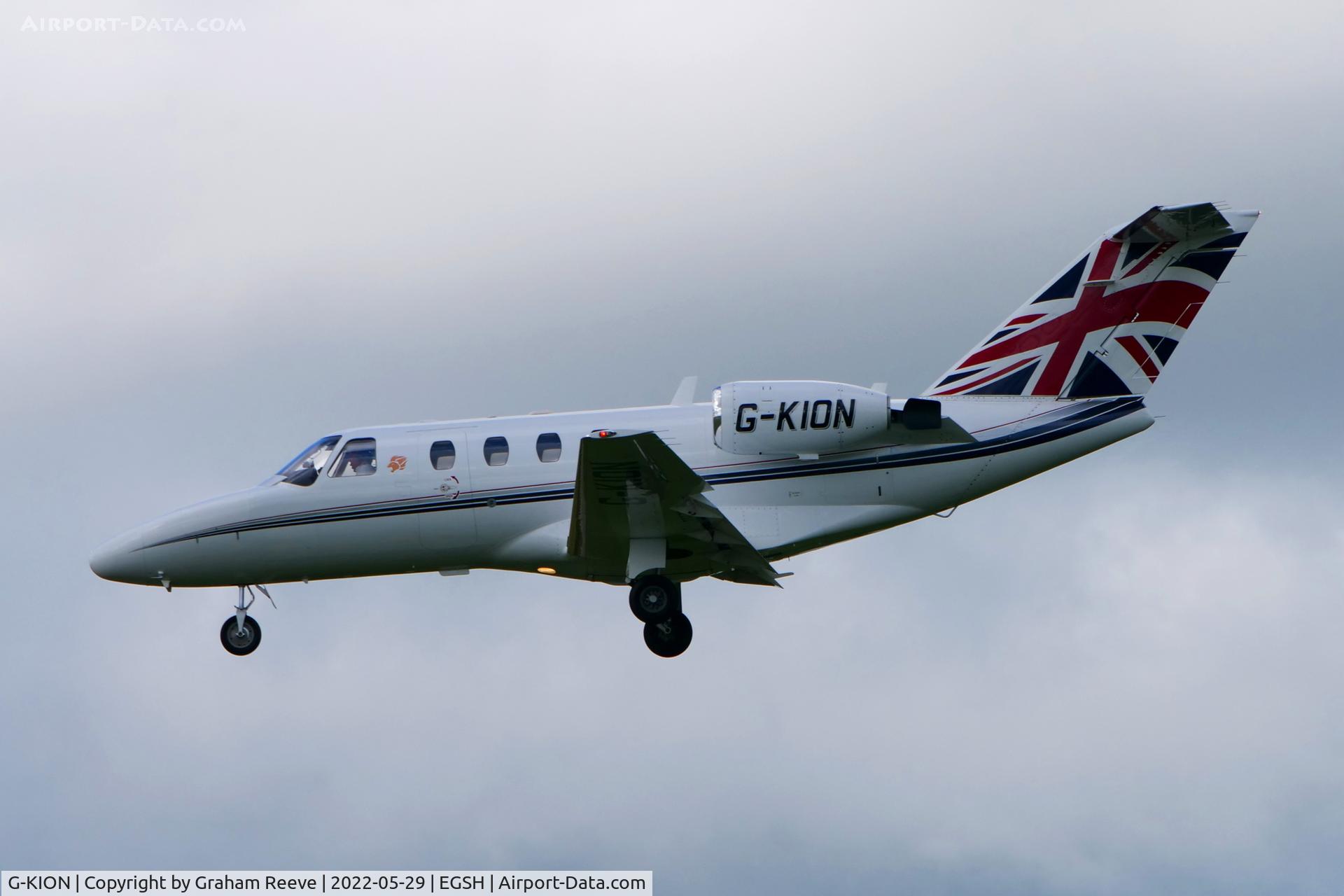 G-KION, 1998 Cessna 525 CitationJet CJ1 C/N 525-0292, Landing at Norwich.