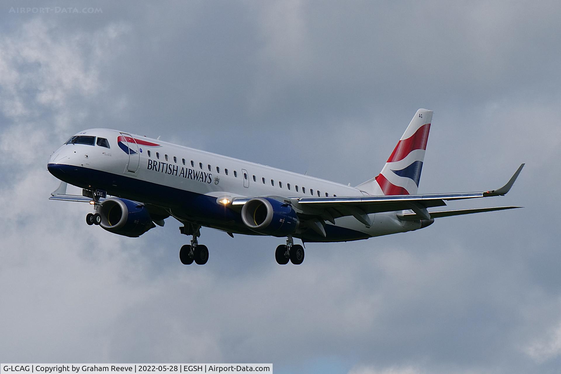 G-LCAG, 2012 Embraer ERJ 190-100 SR C/N 19000560, Landing at Norwich.