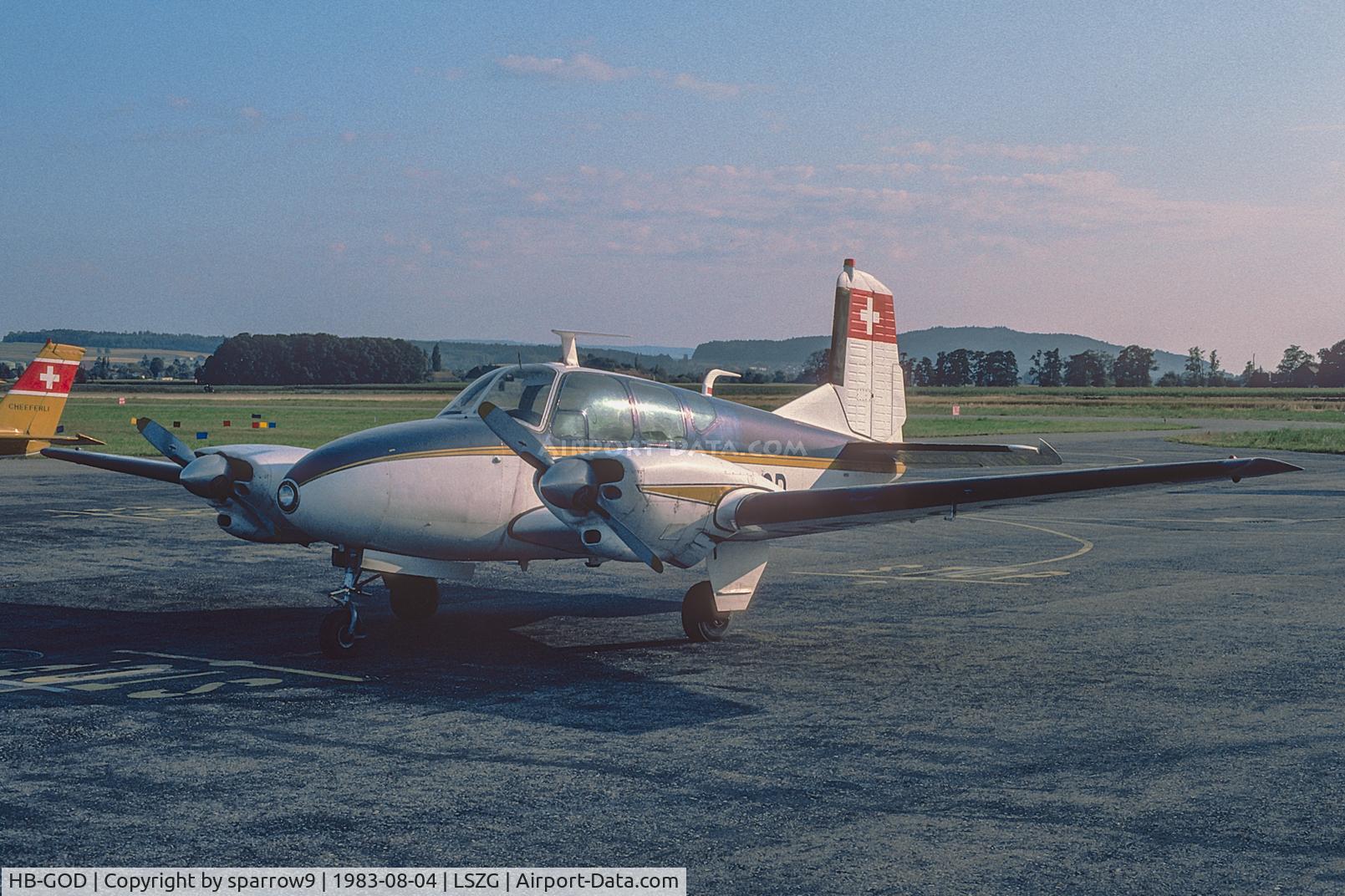HB-GOD, 1959 Beech 95 Travel Air C/N TD-247, Long time ago at Grenchen. HB-registered from 1959-07-15 until 2008-05-23. Scanned from a slide.