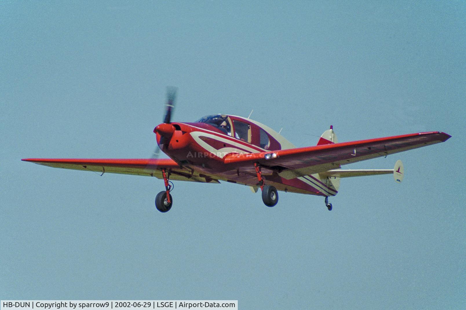 HB-DUN, 1949 Bellanca 14-13-3 Cruisair Senior C/N 1637, Gear-up. Departing LSGE. Scanned from a slide.