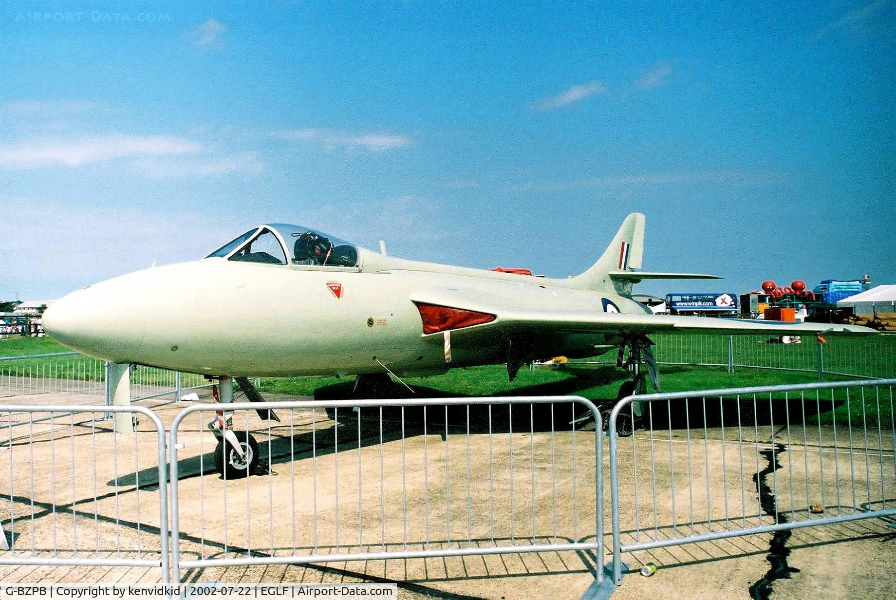 G-BZPB, 1955 Hawker Hunter GA.11 C/N 41H/670762, At Farnborough International 2002.