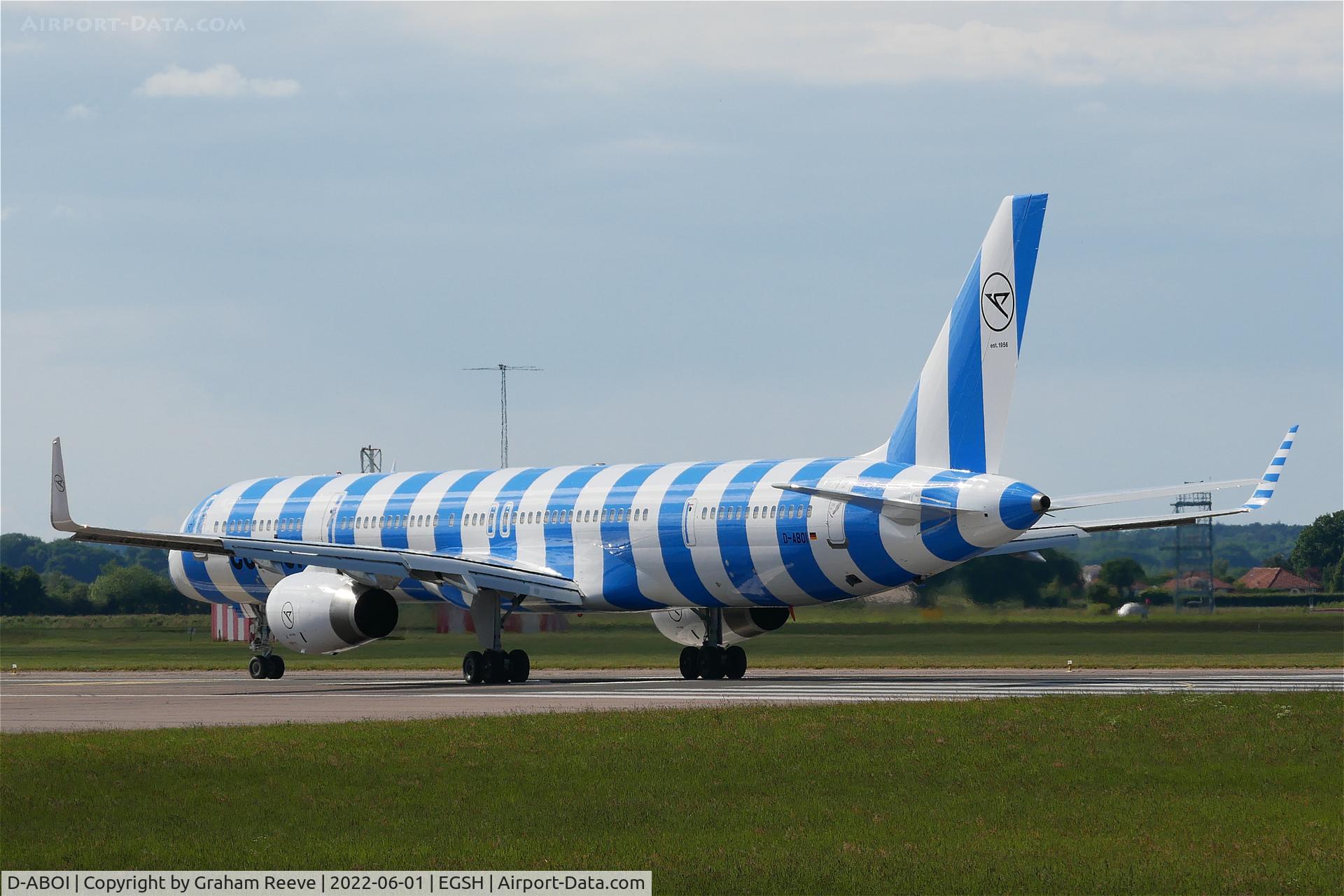 D-ABOI, 2000 Boeing 757-330 C/N 29018, Departing from Norwich.