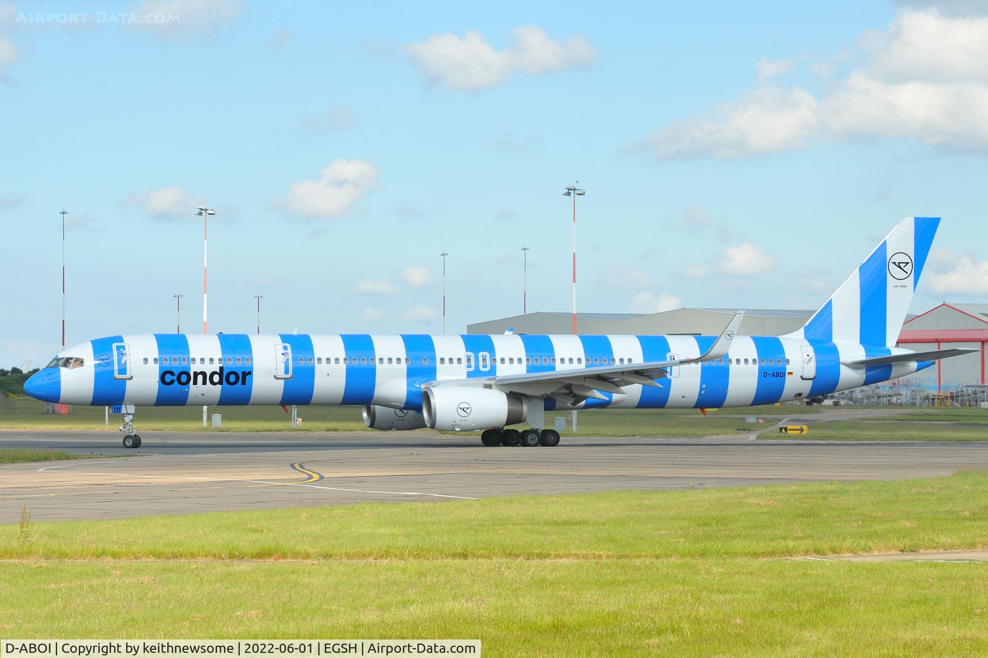 D-ABOI, 2000 Boeing 757-330 C/N 29018, Leaving Norwich for Hamburg following paintwork.