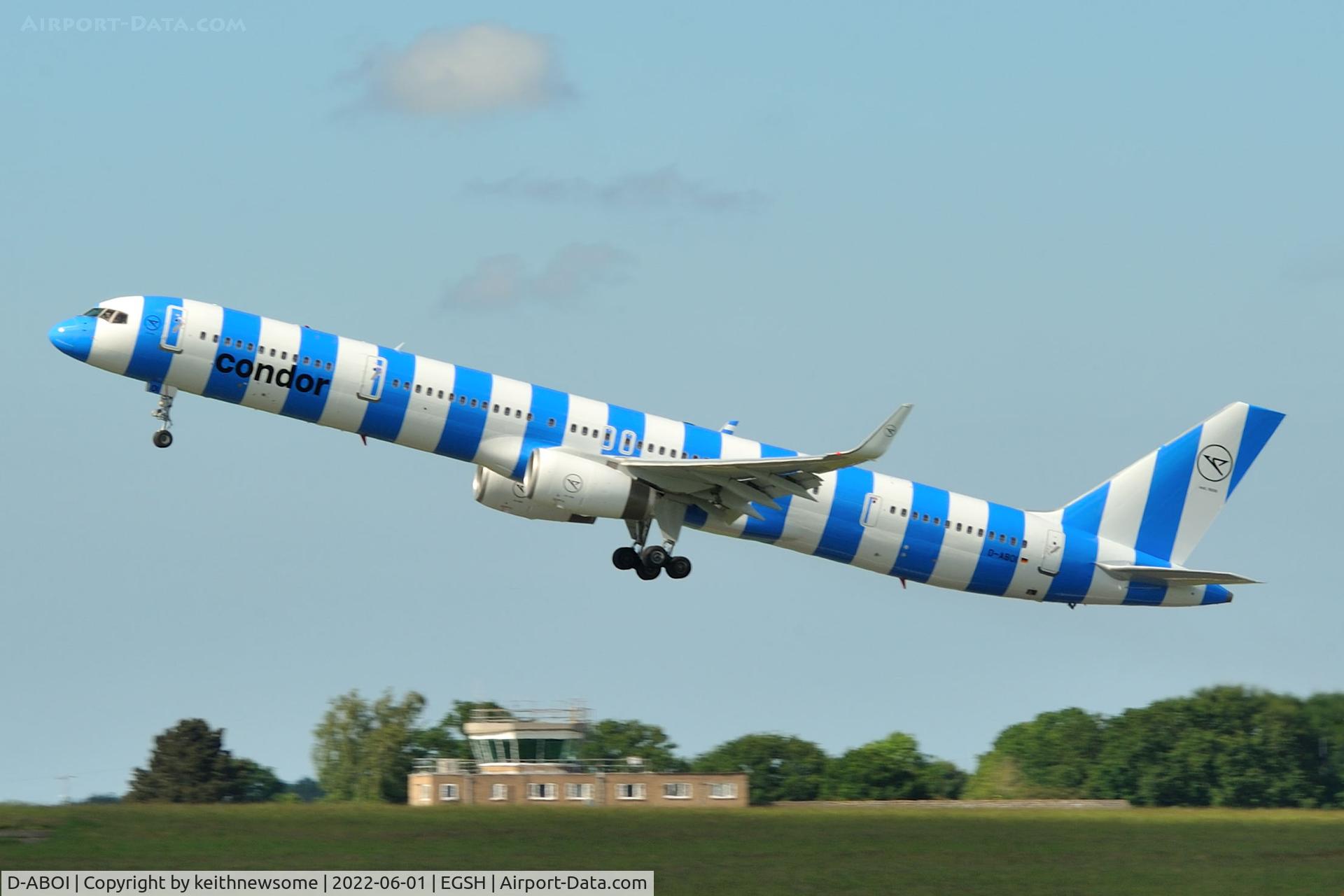 D-ABOI, 2000 Boeing 757-330 C/N 29018, Leaving Norwich for Hamburg following paintwork.