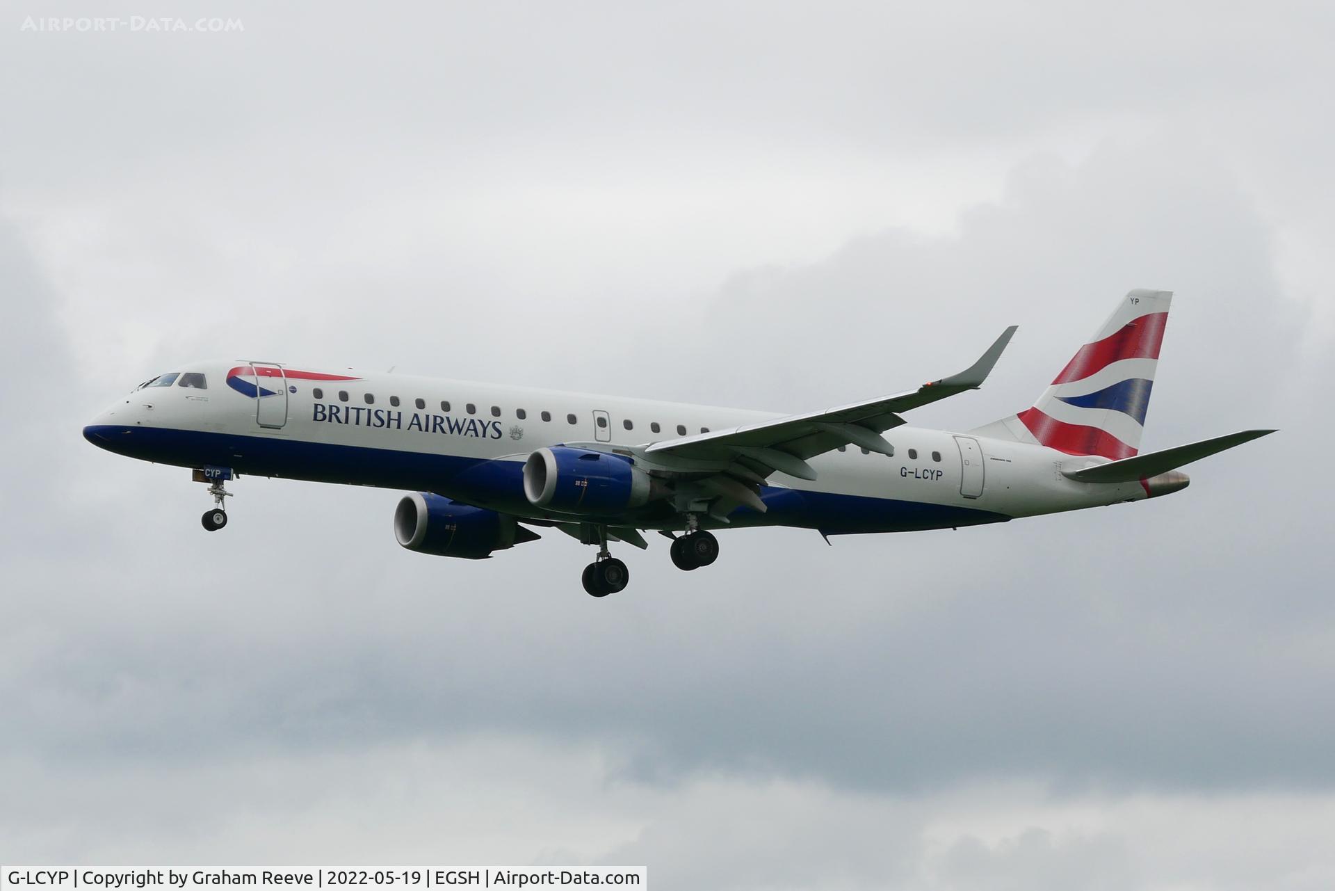 G-LCYP, 2011 Embraer 190SR (ERJ-190-100SR) C/N 19000443, Landing at Norwich.