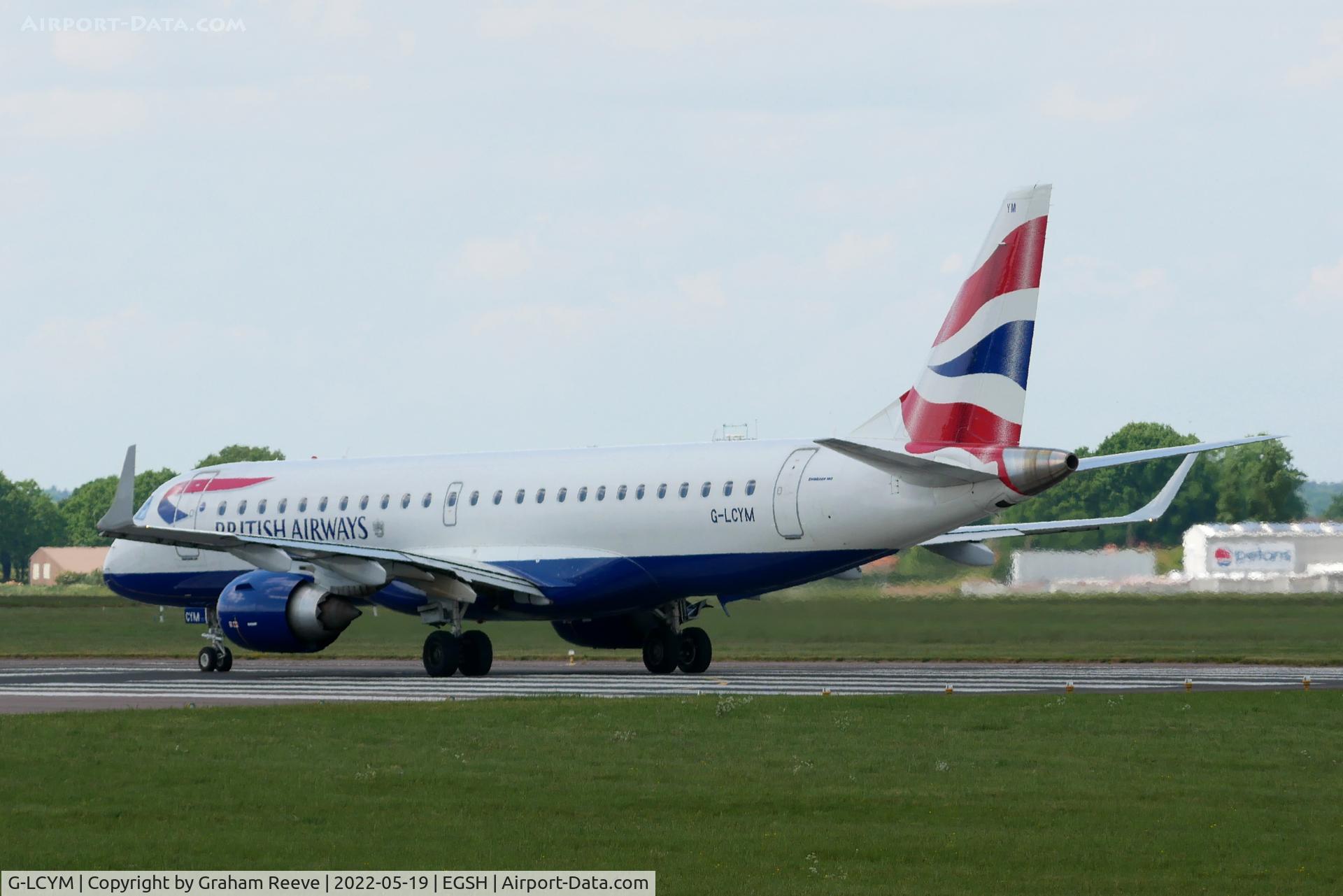 G-LCYM, 2010 Embraer 190SR (ERJ-190-100SR) C/N 19000351, Departing from Norwich.