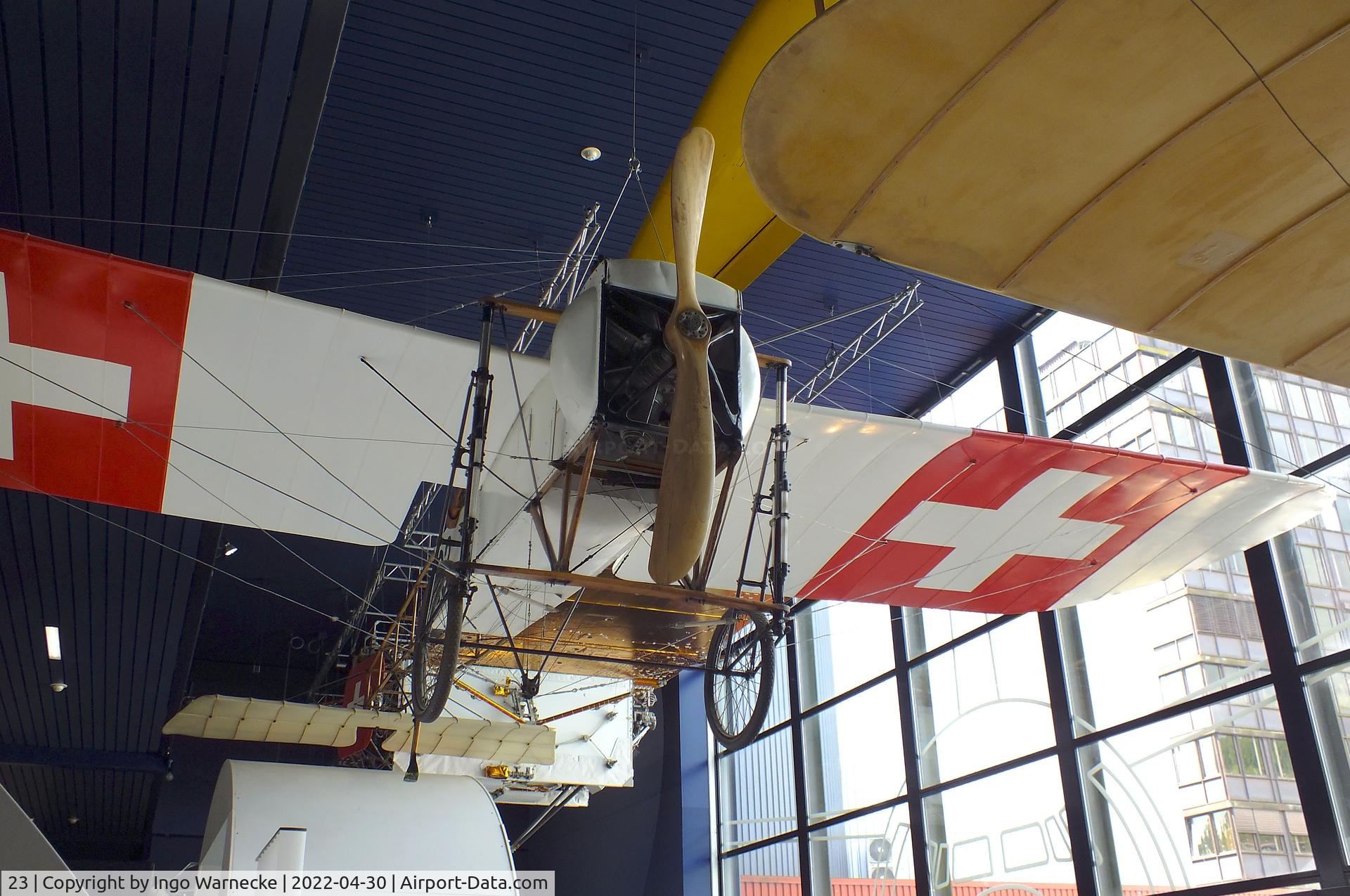 23, 1913 Bleriot XI b C/N Not found 23, Bleriot XI b (original aircraft used by Oskar Bider in 1913 for the first flight across the Alps) at the Verkehrshaus der Schweiz, Luzern (Lucerne)