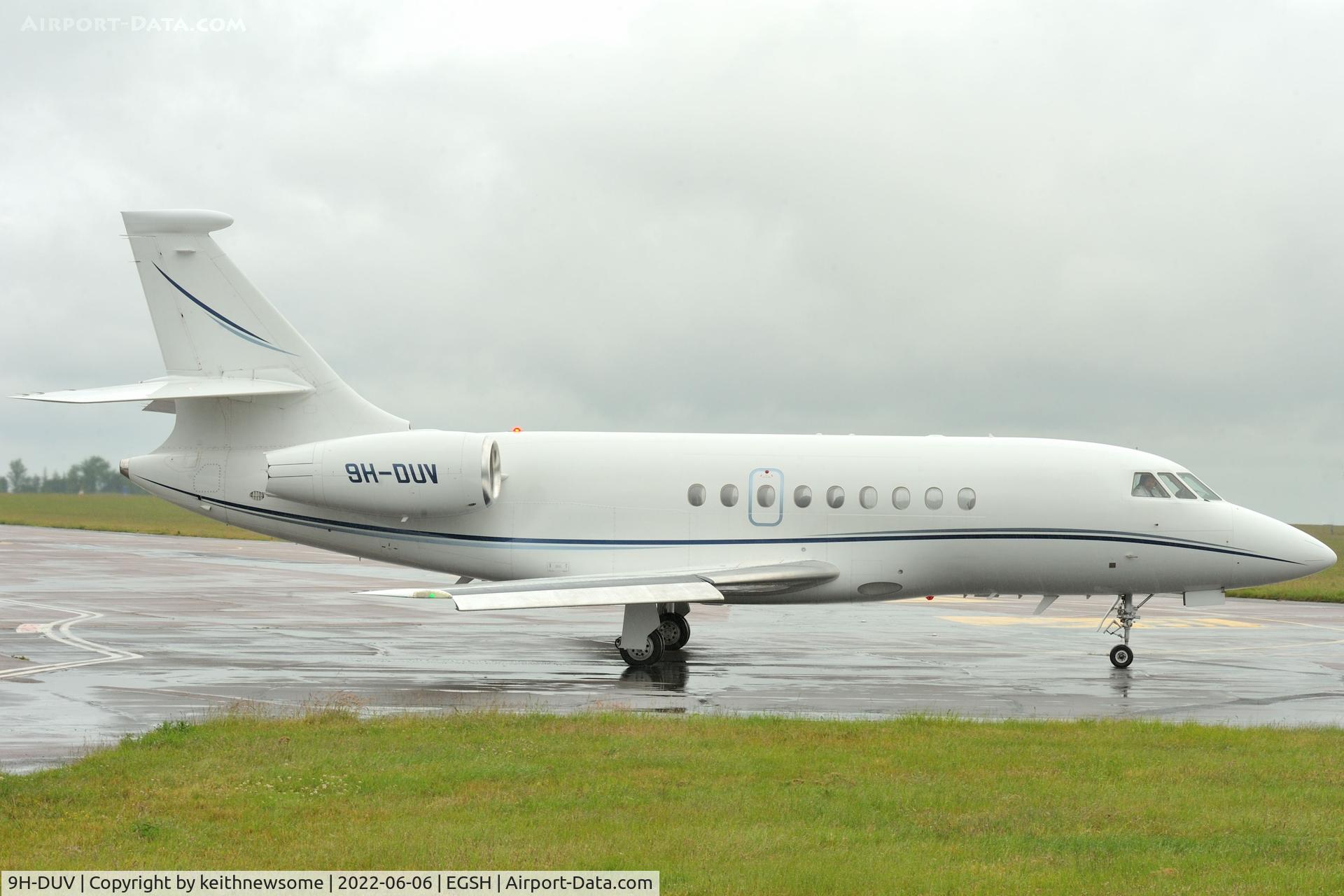 9H-DUV, 2004 Dassault Falcon 2000EX C/N 39, Leaving Norwich.