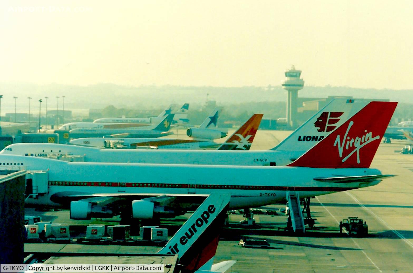 G-TKYO, 1980 Boeing 747-212B C/N 21939, At Gatwick circa 1989.