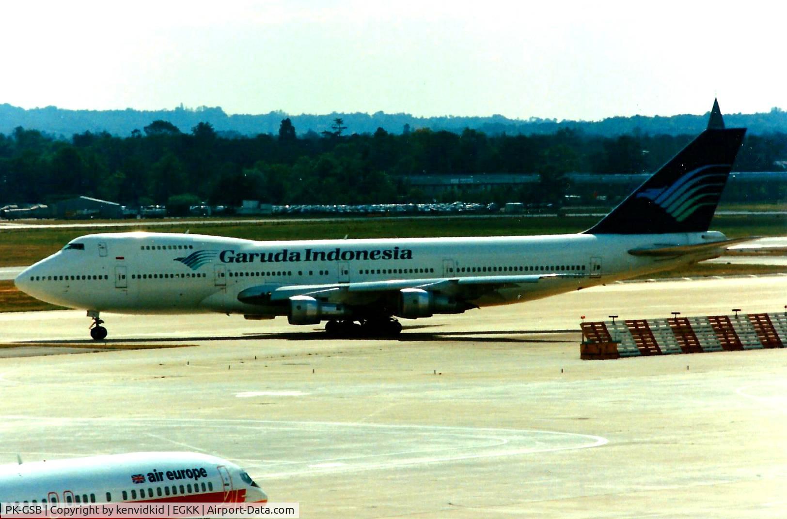 PK-GSB, 1980 Boeing 747-2U3B C/N 22247, At Gatwick circa 1989.