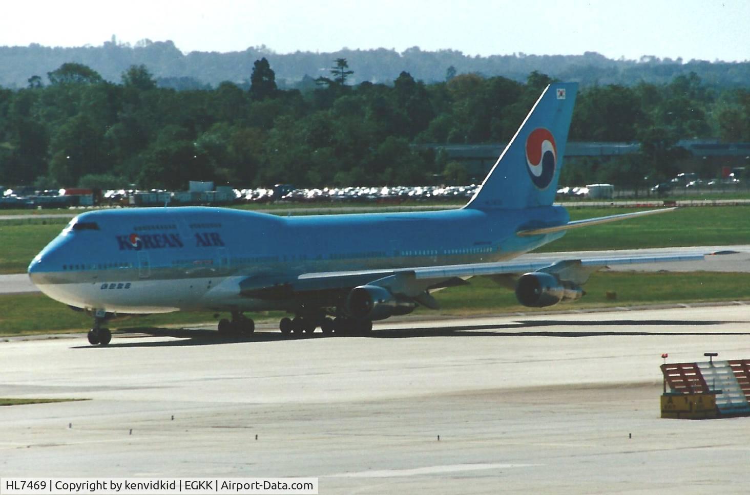 HL7469, 1985 Boeing 747-3B5 C/N 22489, At Gatwick circa 1989.
