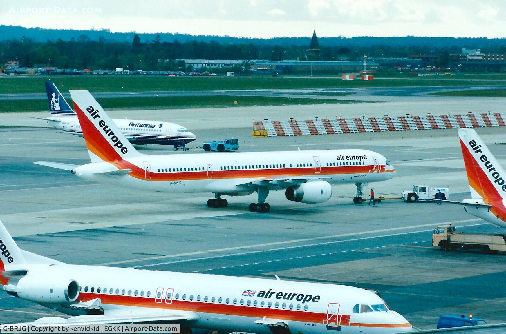 G-BRJG, 1990 Boeing 757-236 C/N 24771, At Gatwick circa 1989.