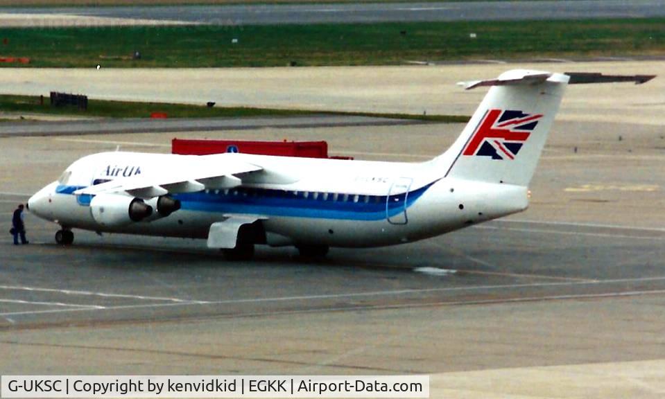 G-UKSC, 1989 British Aerospace BAe.146-300 C/N E3125, At Gatwick circa 1989.