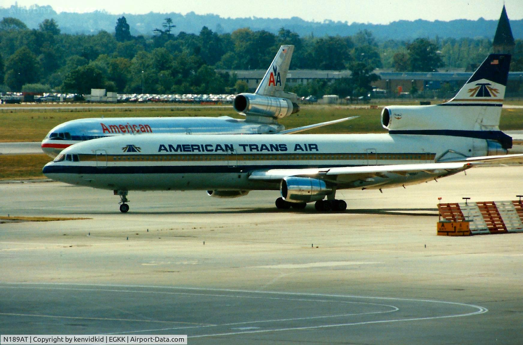 N189AT, 1974 Lockheed L-1011-385-1 TriStar 1 C/N 193C-1081, At Gatwick circa 1989.