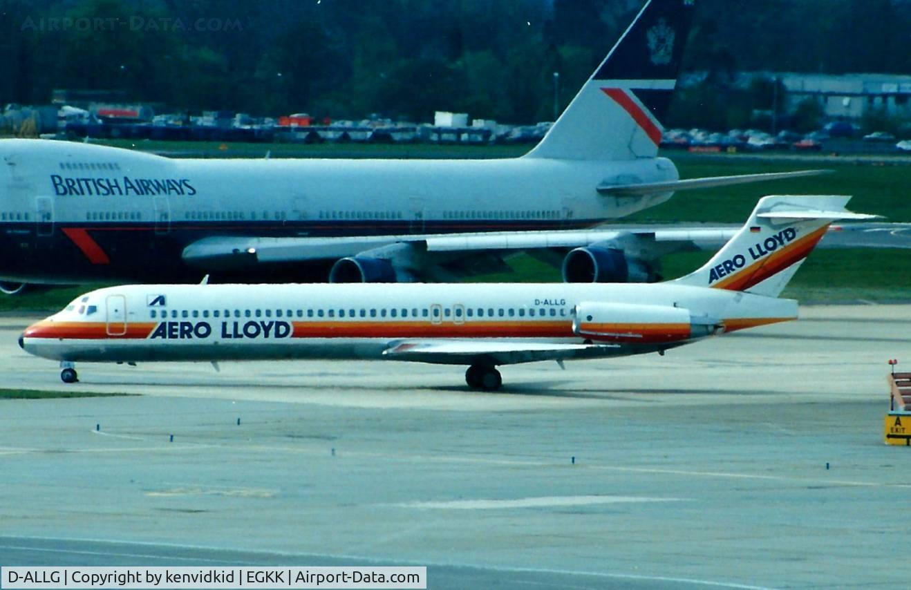 D-ALLG, 1988 McDonnell Douglas MD-87 (DC-9-87) C/N 49670, At Gatwick circa 1989.