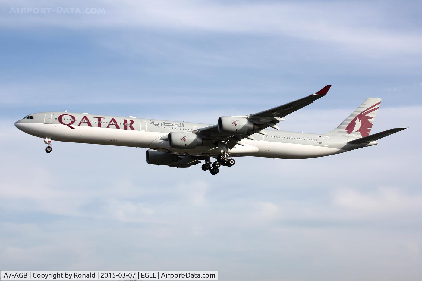 A7-AGB, 2005 Airbus A340-642X C/N 715, at lhr