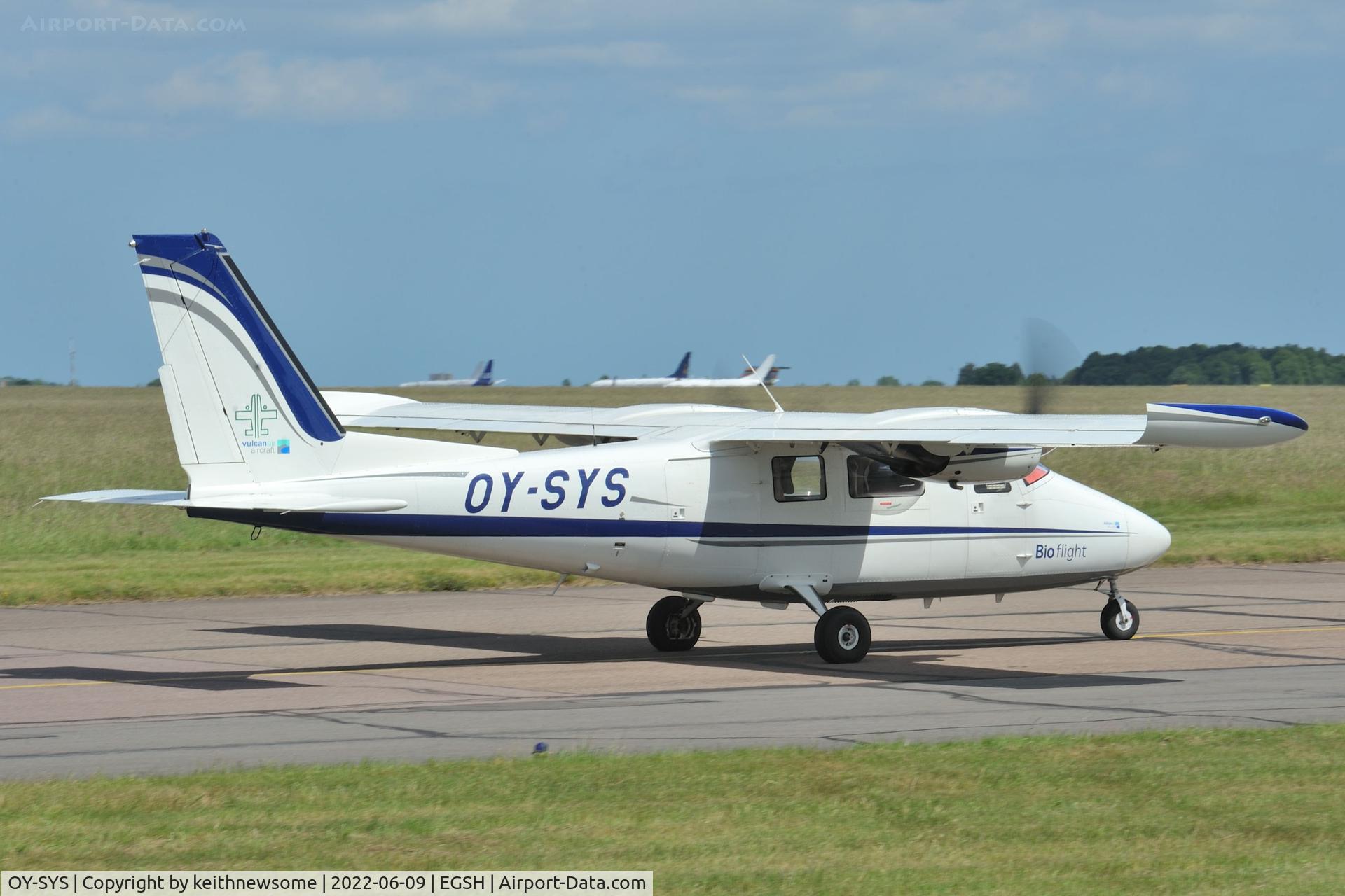 OY-SYS, Vulcanair P-68C C/N 506/C, Leaving Norwich following fuel stop.