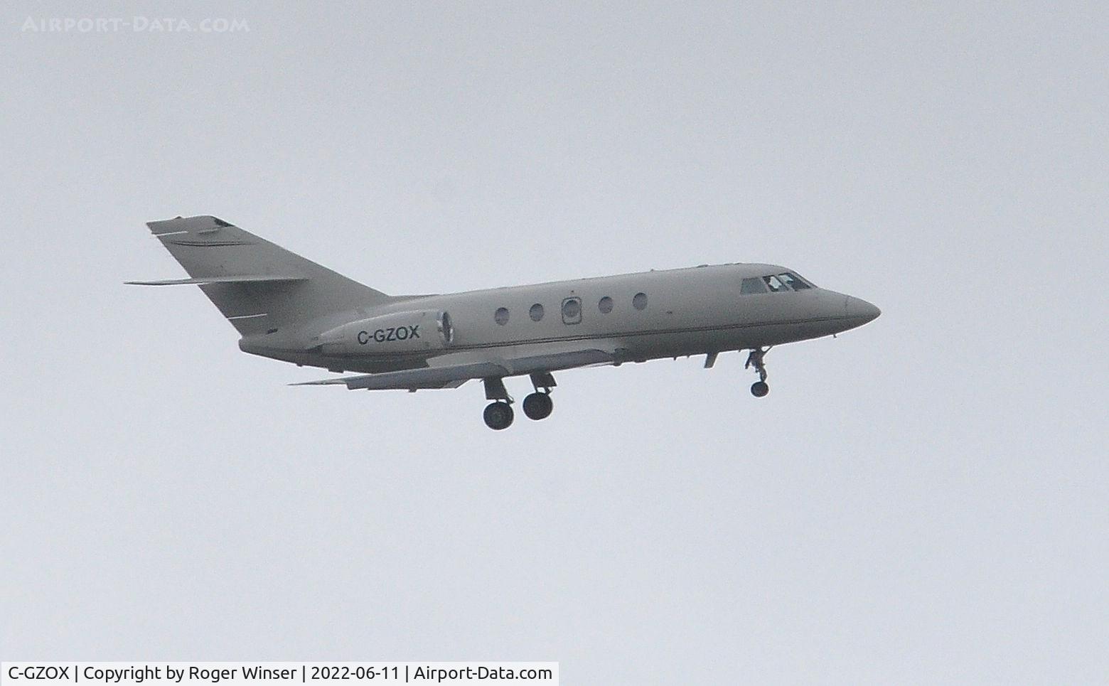 C-GZOX, 1982 Dassault Fan Jet Falcon (20F) C/N 463, Off airport. Falcon 20F operated by Air Nunavut. Three greens ready to land at Swansea Airport, Wales, UK.