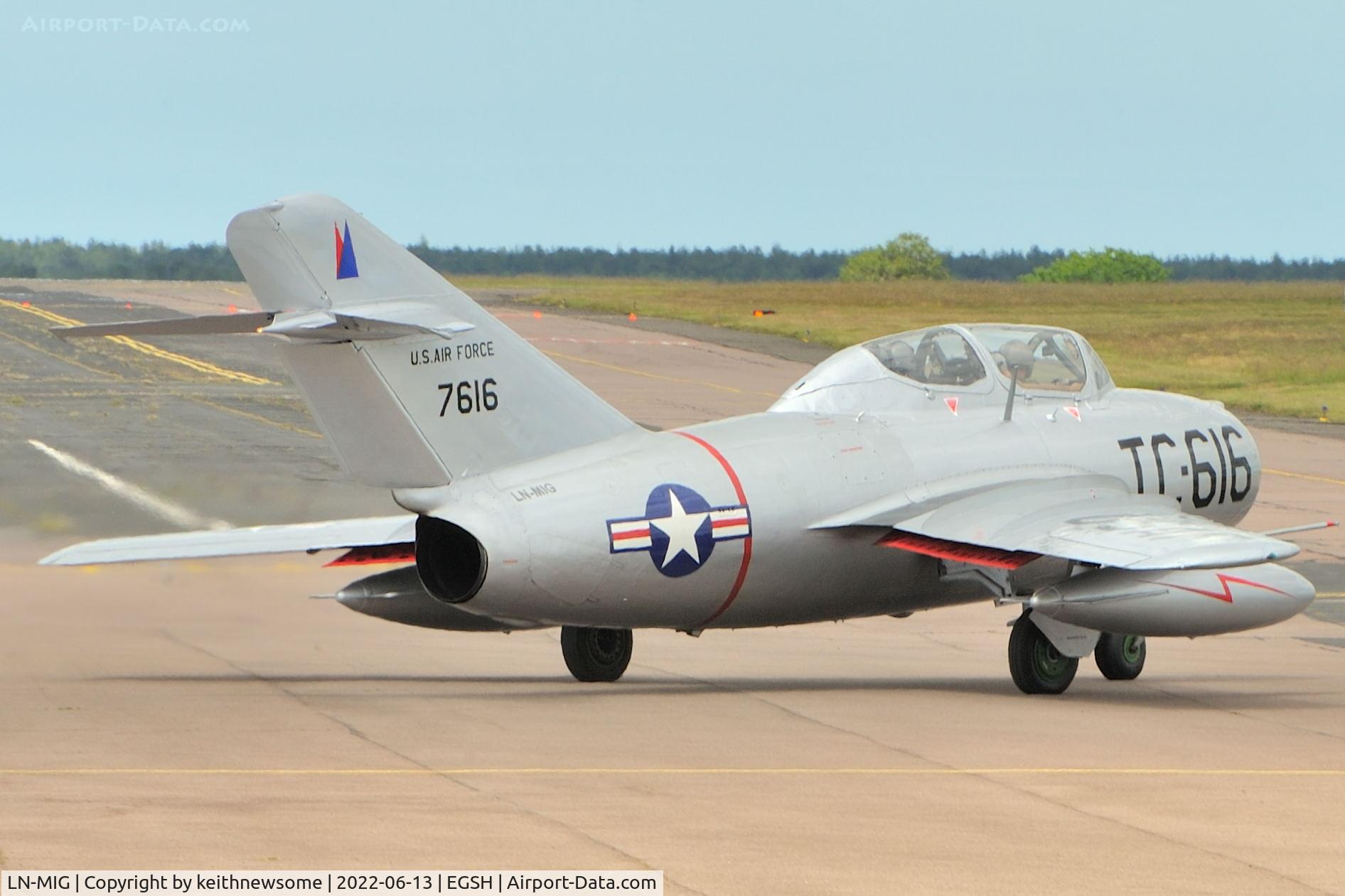 LN-MIG, 1952 PZL Mielec SBLim-2 (MiG-15UTI) C/N 1A01004, Leaving Norwich formerly N104CJ.
