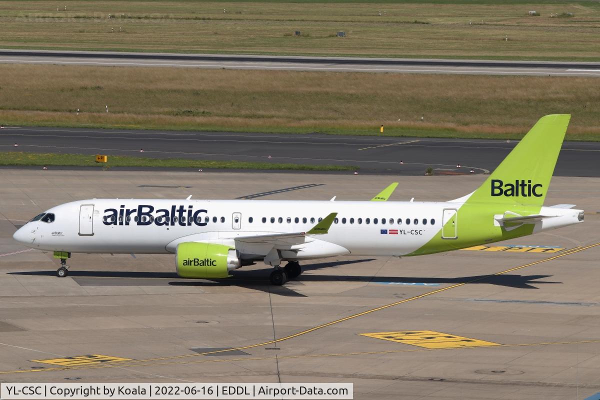 YL-CSC, 2017 Bombardier CSeries CS300 (BD-500-1A11) C/N 55005, Taxing to Terminal A after arrival from Birmingham. Lease to Eurowings for summer schedule 2022.