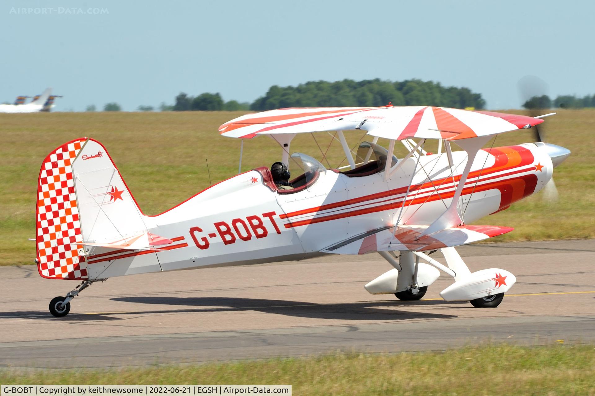 G-BOBT, 1983 Stolp SA-300 Starduster Too C/N CJ-01, Leaving Norwich.