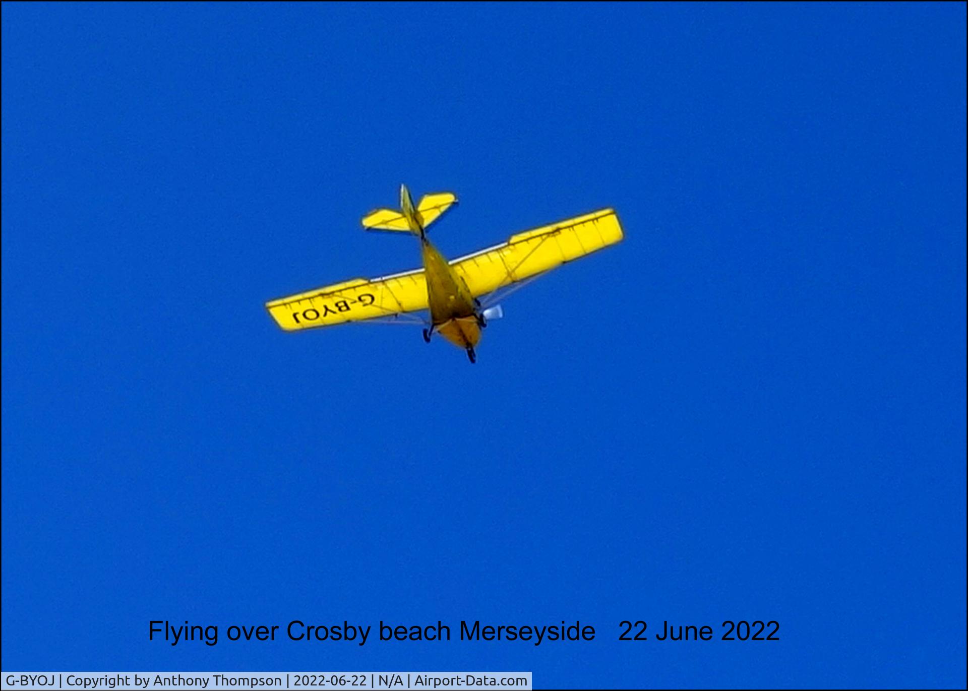 G-BYOJ, 2000 Raj Hamsa X-Air 582(1) C/N BMAA/HB/108, This photo was taken on 22 June 2022 of the aircraft flying over Crosby beach Merseyside. It was good to see it on a perfect day for flying.
There are no constraints on the use of my photo taken with a Sony RX100 camera