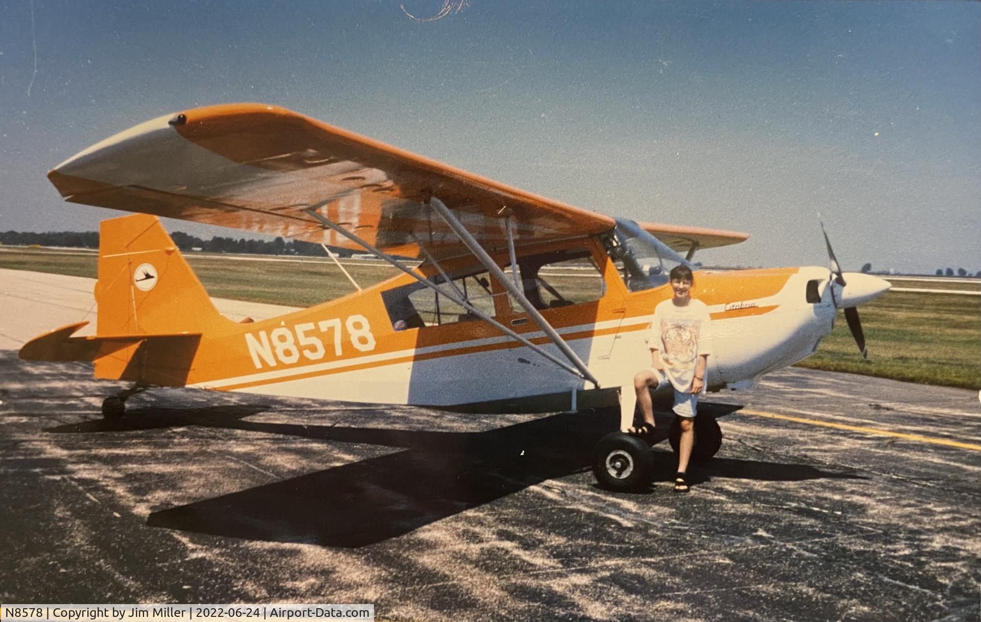 N8578, 1973 Bellanca 7ECA Citabria C/N 915-73, Citabria N8578.  Photo taken near Springfield, IL with pilot Jim Miller, and passenger (pictured) Erin (Ralph) Hannah.  This was Erin's first airplane ride with her grandpa (Jim Miller).