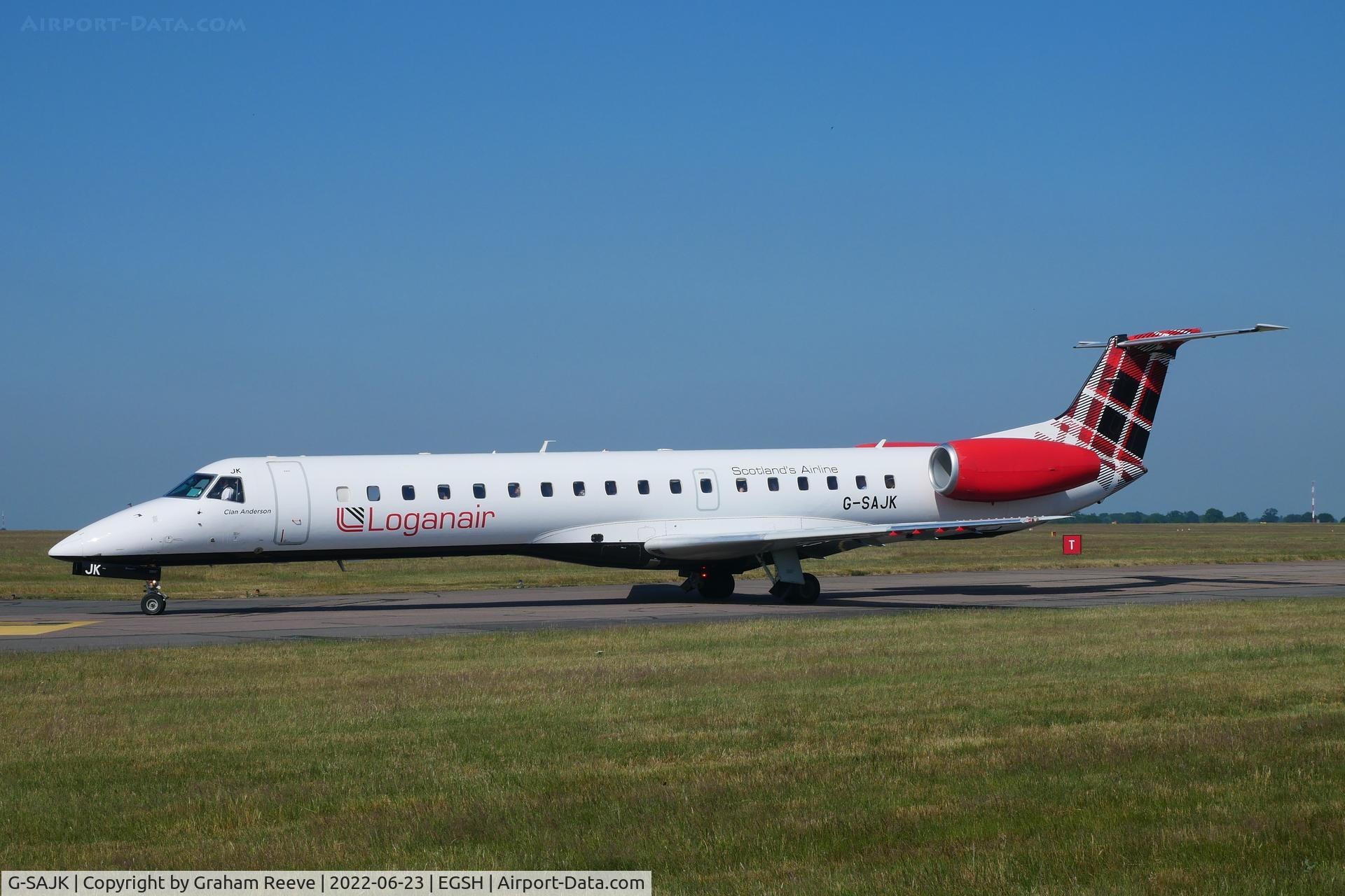 G-SAJK, 1999 Embraer EMB-145EP (ERJ-145EP) C/N 145153, Departing from Norwich.