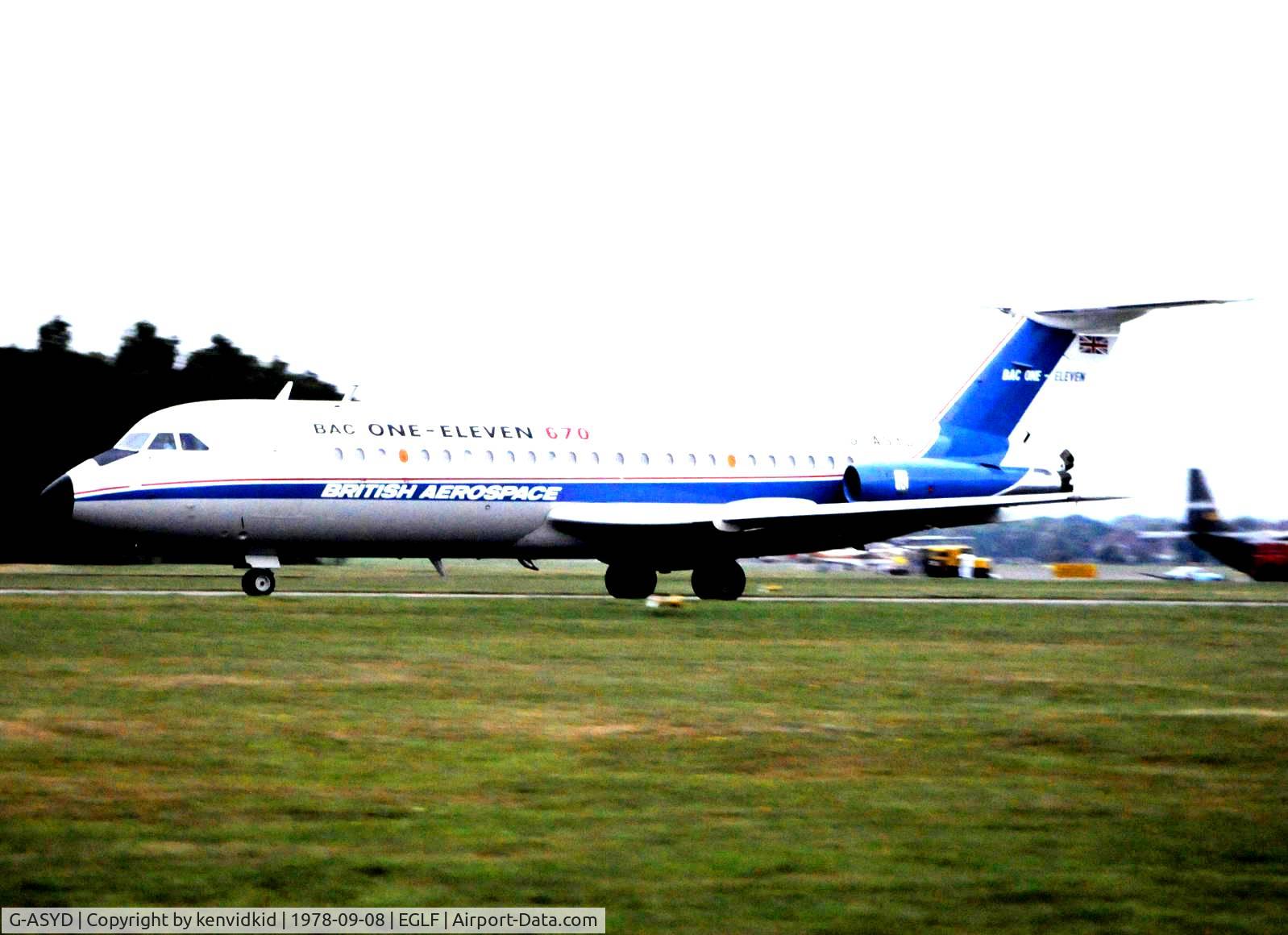 G-ASYD, 1965 BAC 111-475AM One-Eleven C/N BAC.053, At Farnborough International 1978. Updated to model 670.