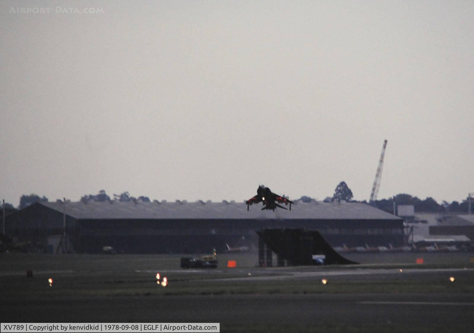XV789, 1970 Hawker Siddeley Harrier GR.3 C/N 712039, XV789 taking the ski-jump at Farnborough in 1978.