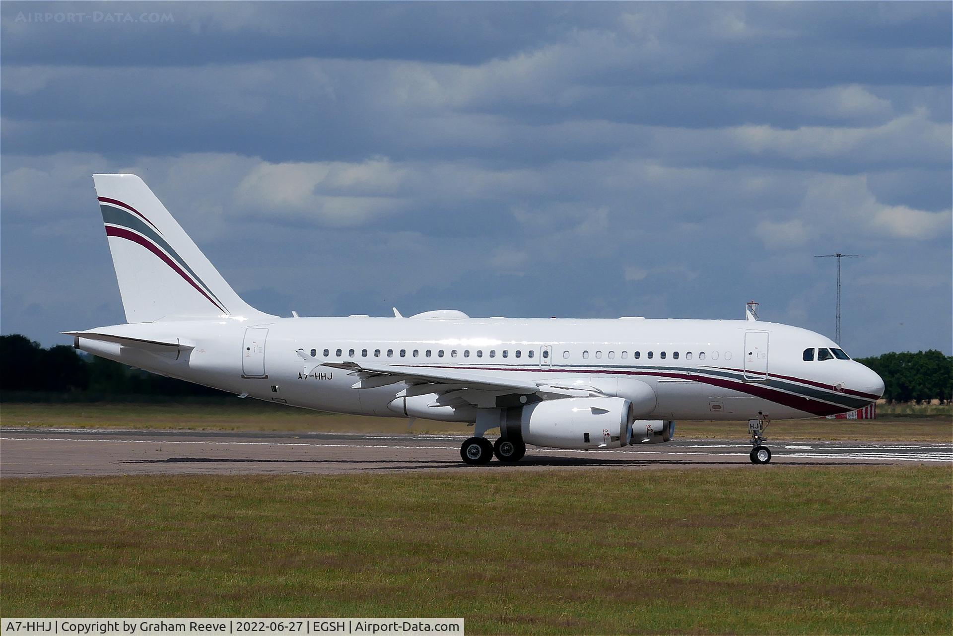 A7-HHJ, 2000 Airbus A319-133XCJ C/N 1335, Departing from Norwich.