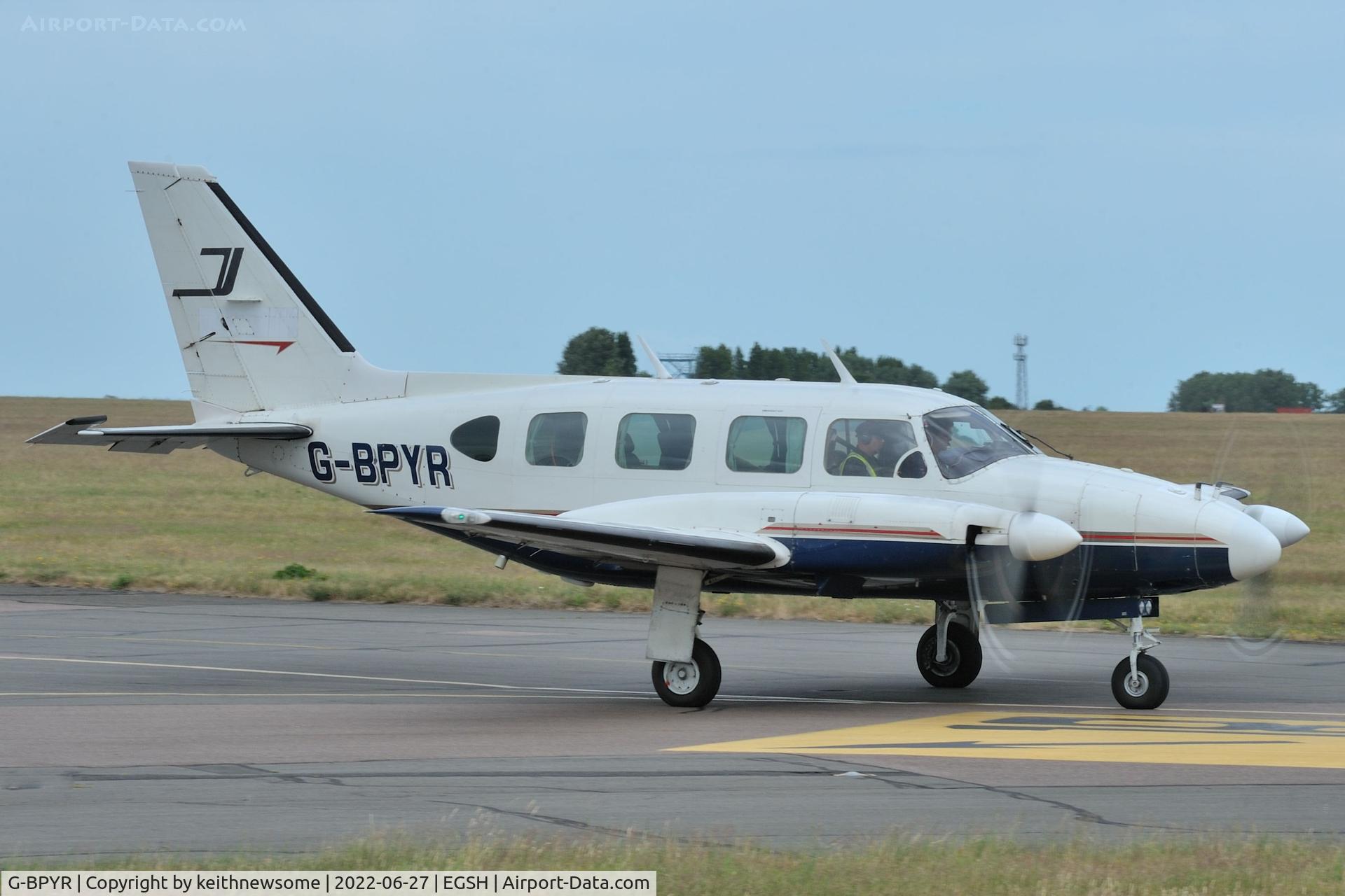 G-BPYR, 1977 Piper PA-31-310 C Navajo C/N 31-7812032, Leaving Norwich following fuel stop.