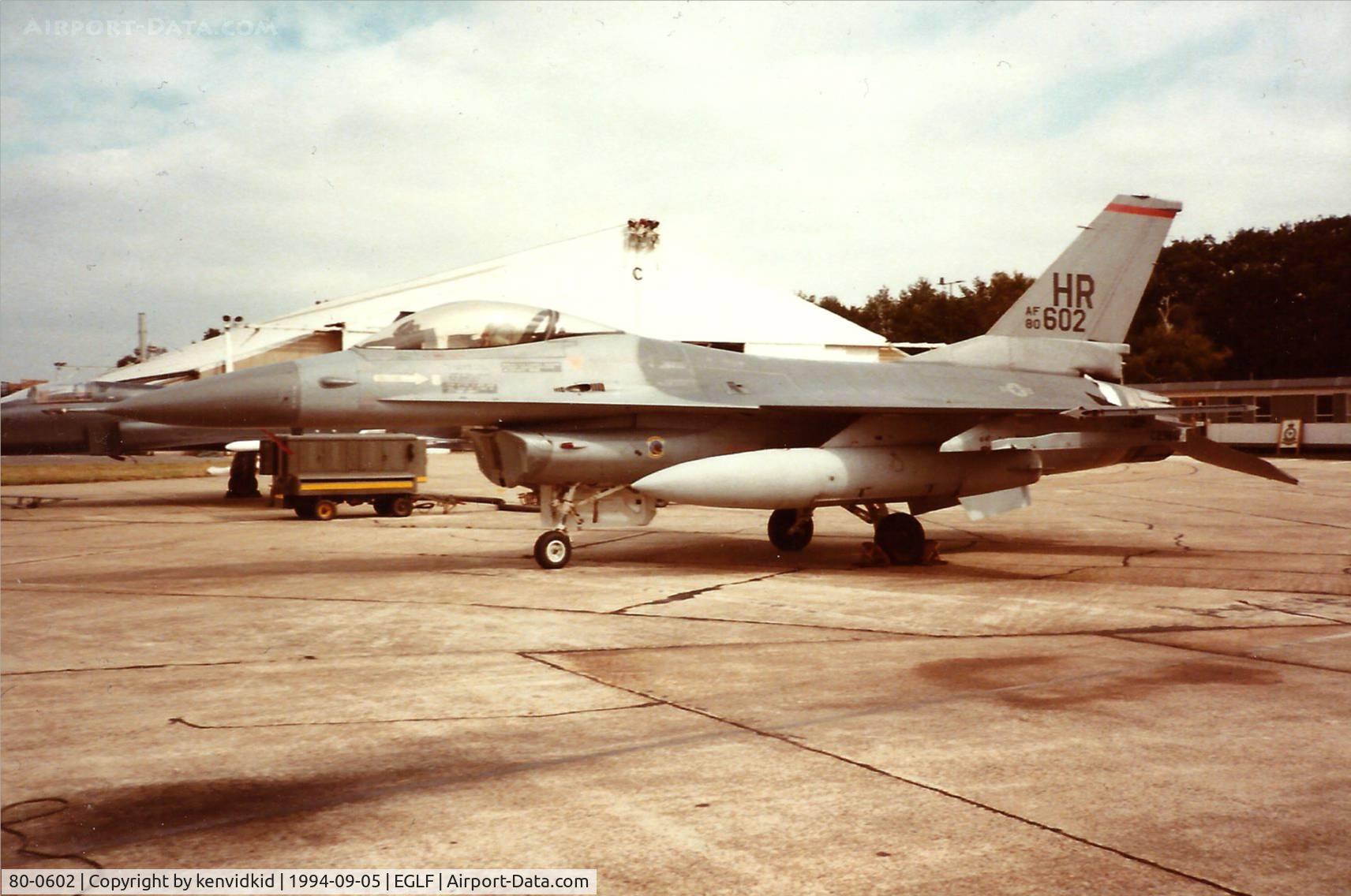 80-0602, 1980 General Dynamics F-16A Fighting Falcon C/N 61-323, At the 1994 Farnborough International Air Show.
Note damage on rear fuselage, caused by flying debris from the DHC-5 when it crash landed.