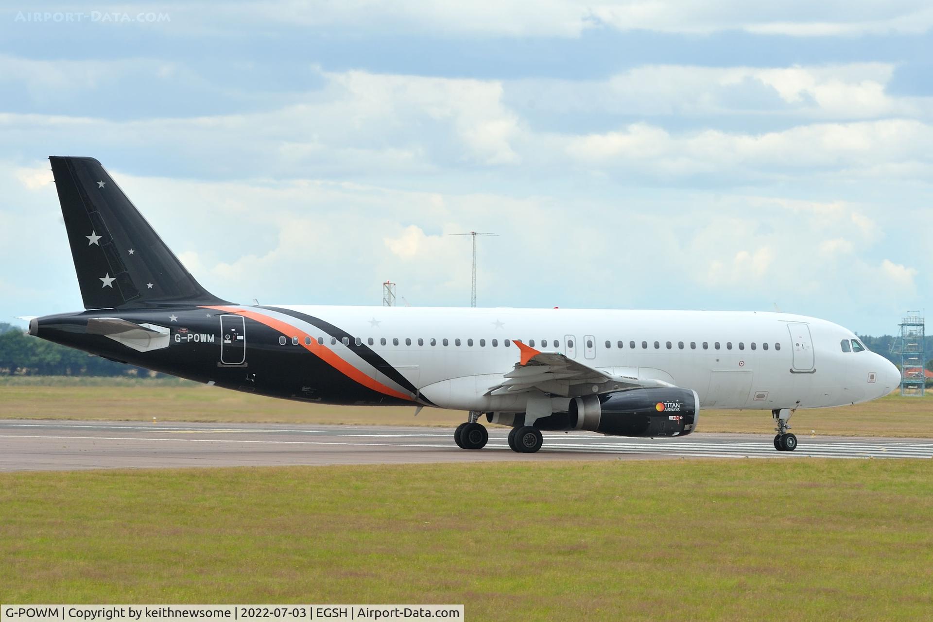 G-POWM, 2005 Airbus A320-232 C/N 2564, Leaving Norwich for Salzburg, Austria.