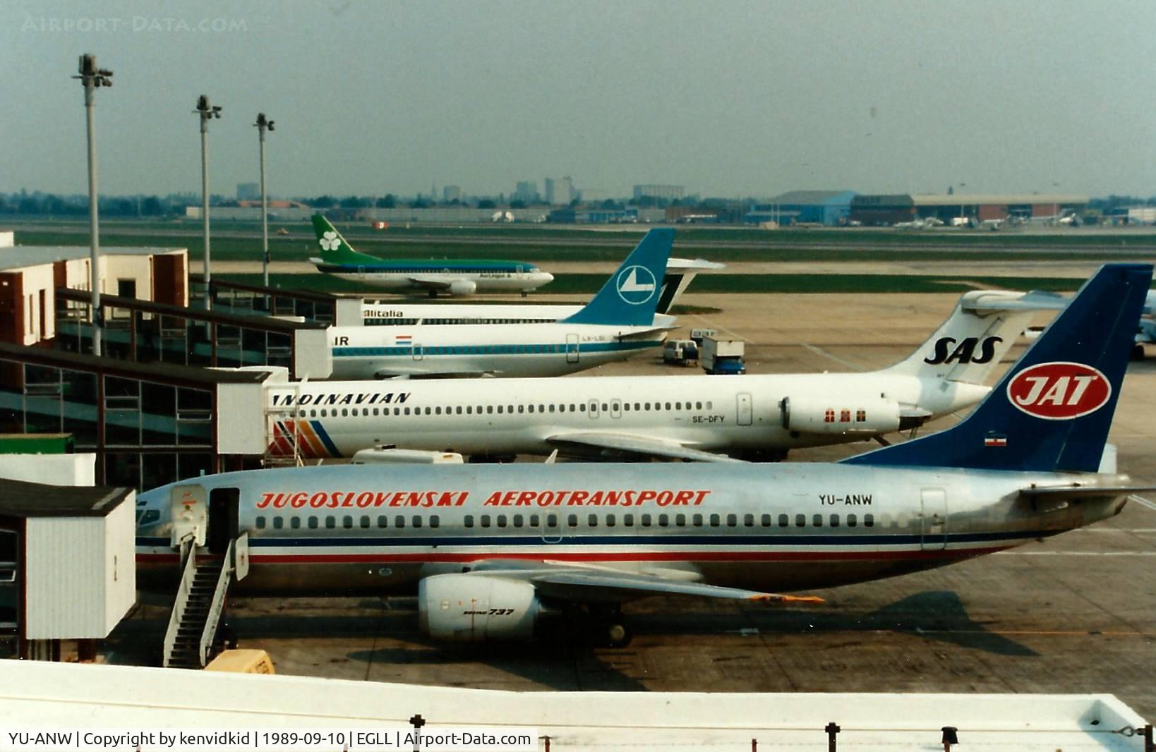 YU-ANW, 1988 Boeing 737-3H9 C/N 24141, At London Heathrow, circa 1989.