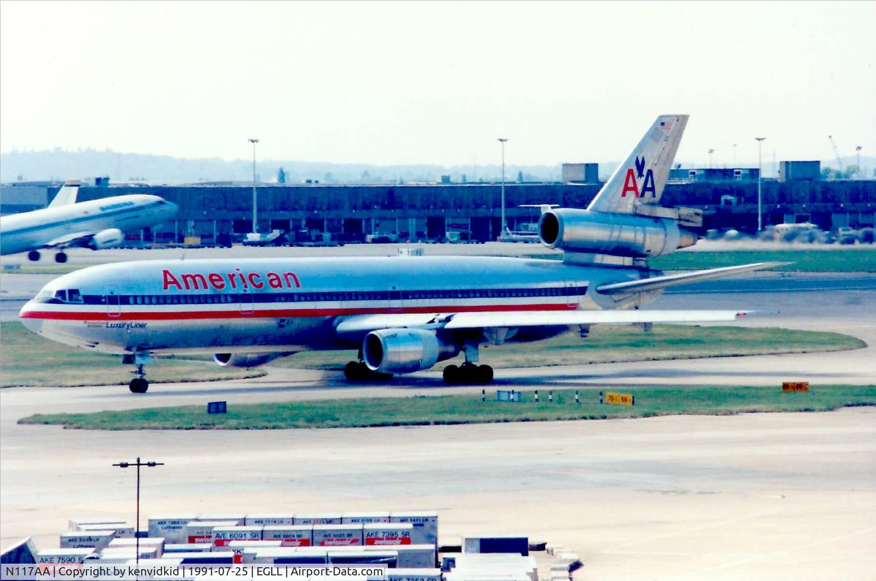 N117AA, 1972 McDonnell Douglas DC-10-10 C/N 46517, At London Heathrow, circa 1991.
