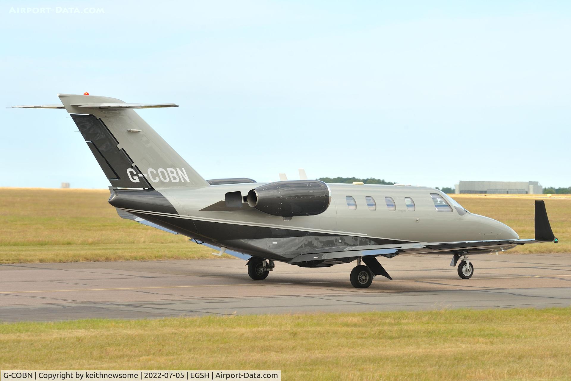 G-COBN, 2001 Cessna 525 CitationJet CJ1 C/N 525-0429, Leaving Norwich for Birmingham.