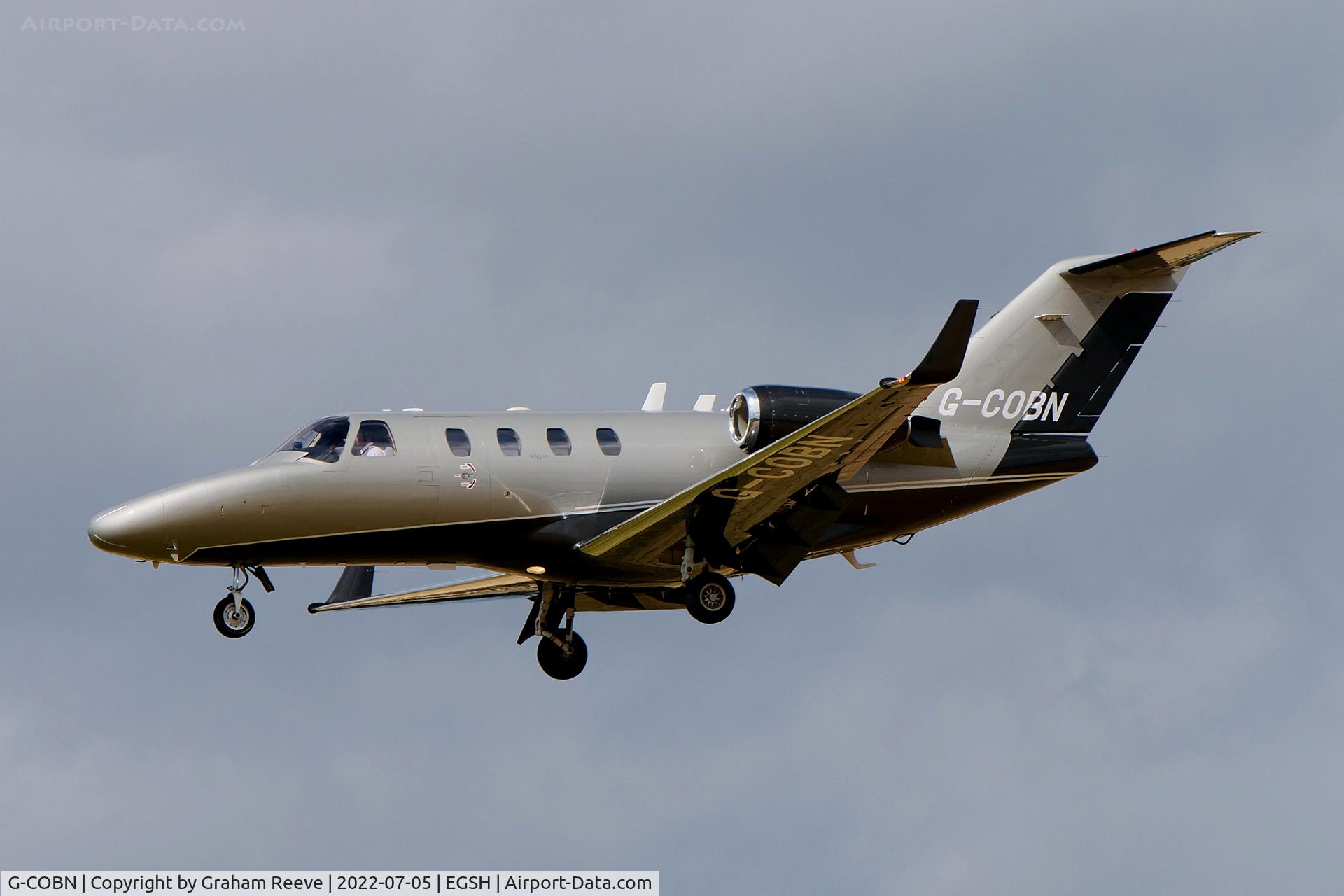 G-COBN, 2001 Cessna 525 CitationJet CJ1 C/N 525-0429, Landing at Norwich.