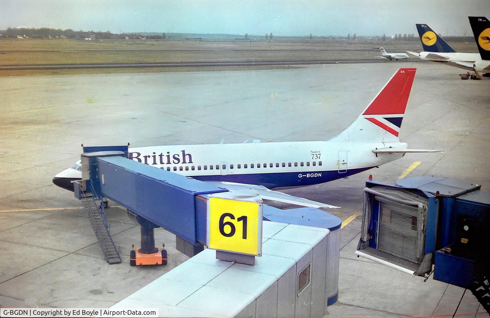 G-BGDN, 1980 Boeing 737-236 C/N 21802, Dusseldorf flying to Heathrow. Early 1980s. Inaugural fight.