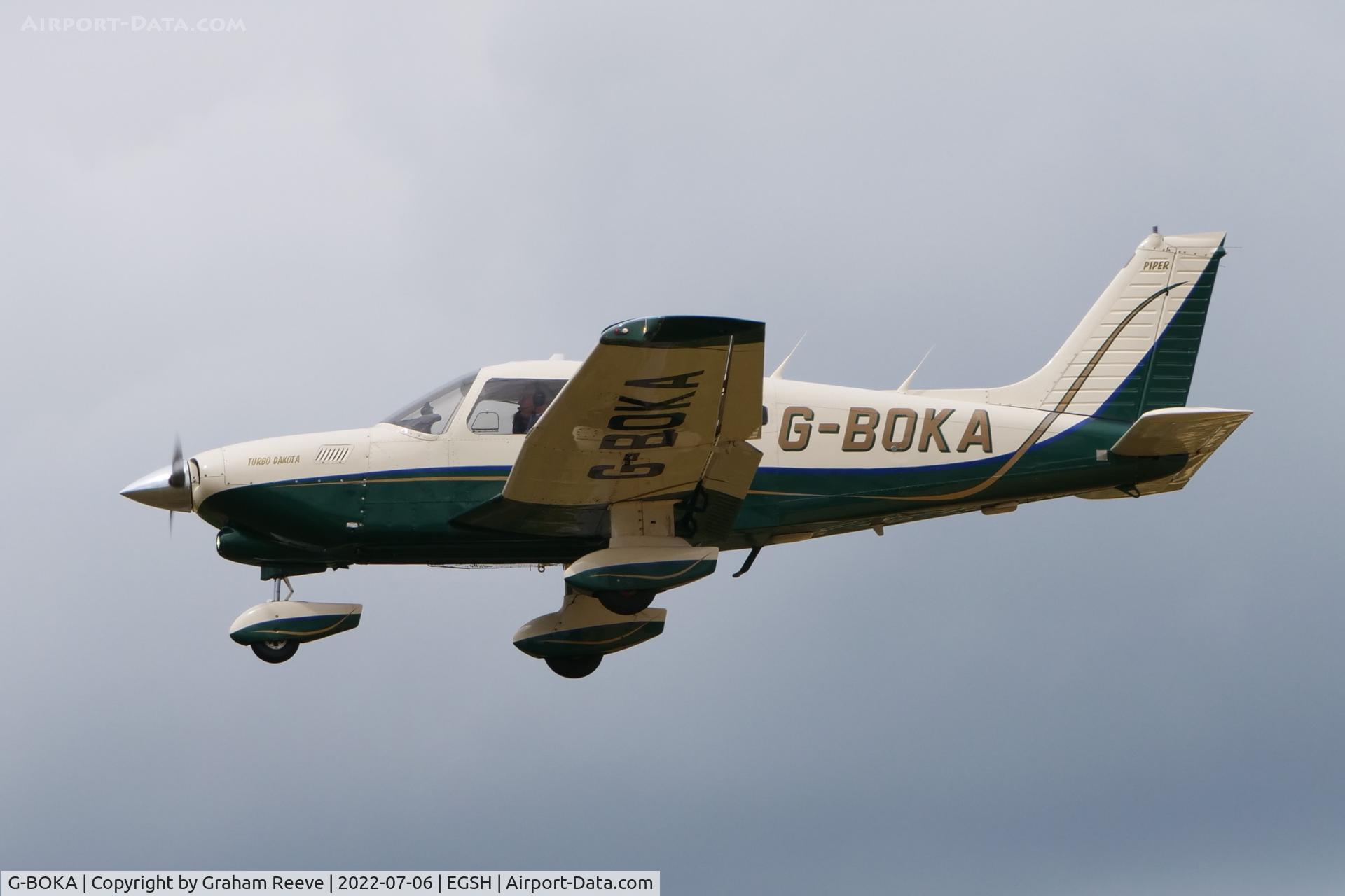 G-BOKA, 1979 Piper PA-28-201T Turbo Dakota C/N 28-7921076, Landing at Norwich.
