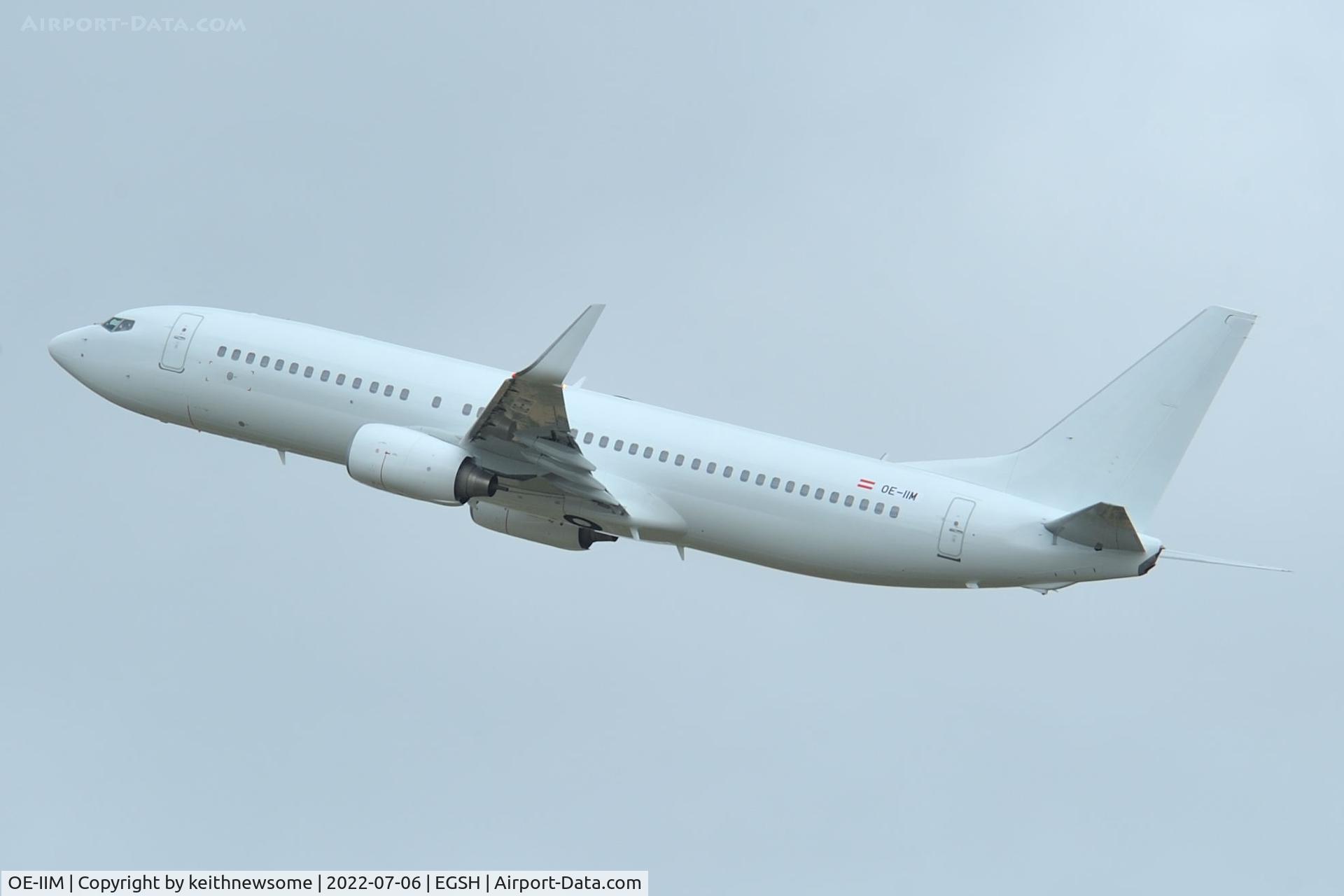 OE-IIM, 2009 Boeing 737-8AS C/N 35017, Leaving Norwich for Majorca following paintwork.