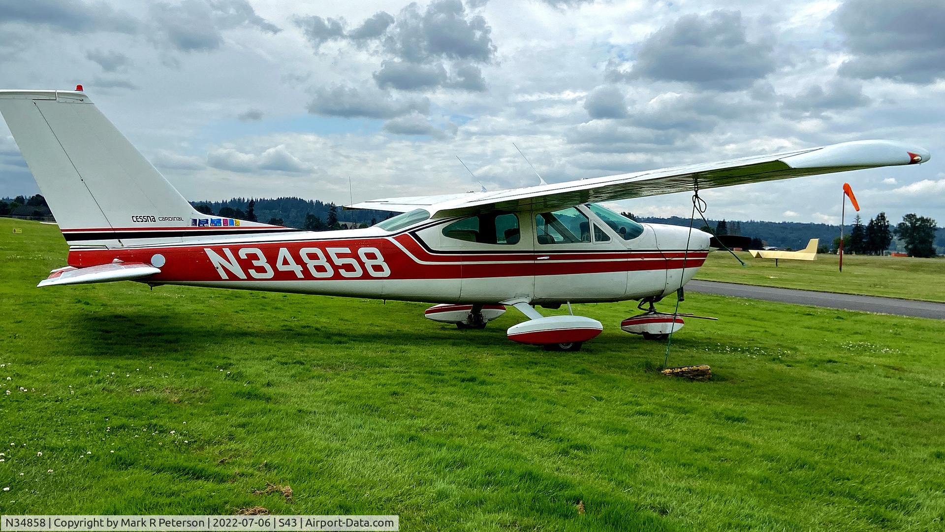 N34858, 1973 Cessna 177B Cardinal C/N 17702049, After flight up from Ontario, OR through Stevens Pass - At Harvey Field, S43, Snohomish, WA