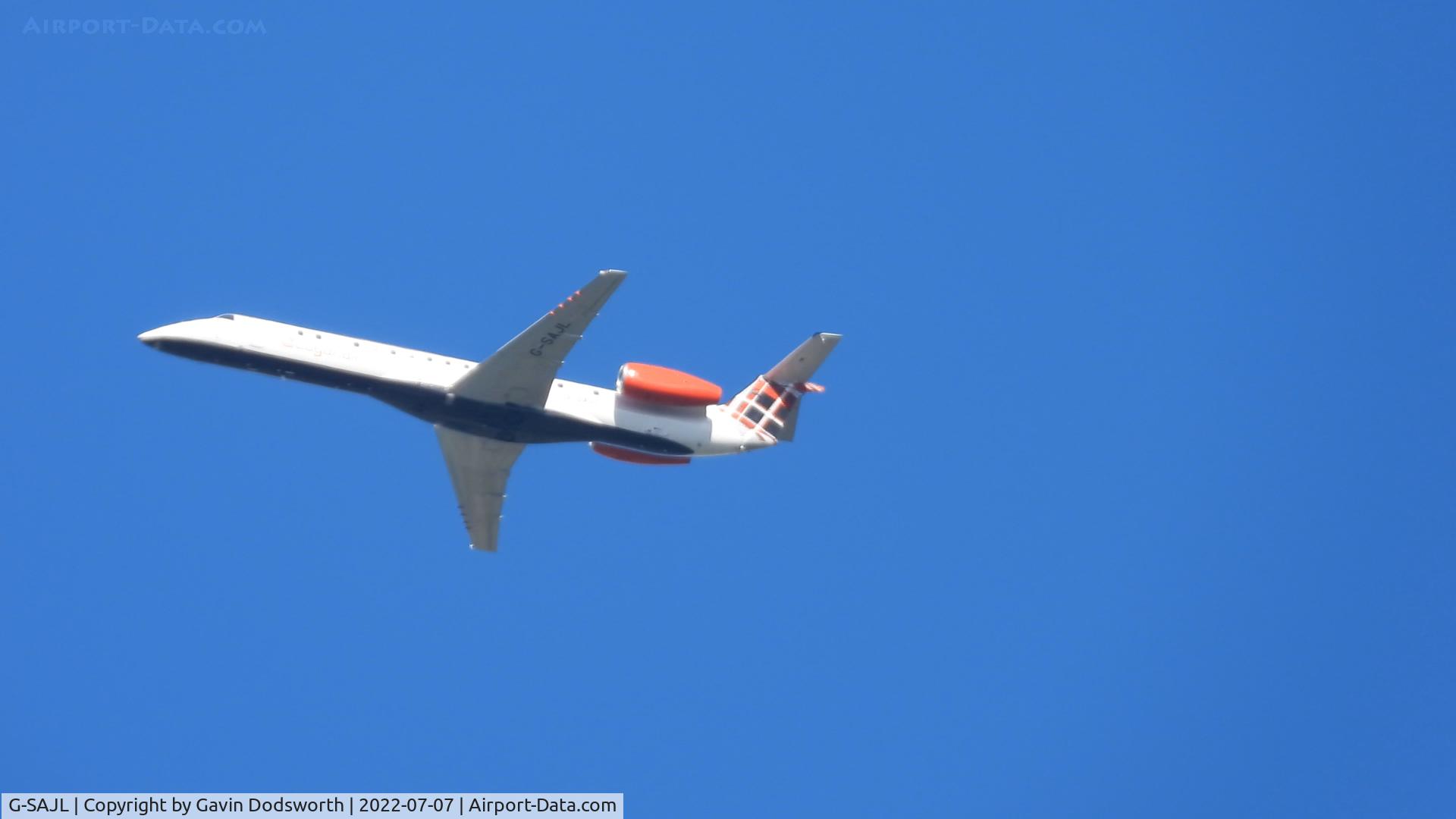 G-SAJL, 1999 Embraer EMB-145EP (ERJ-145EP) C/N 145136, Over Darlington on July 7th 2022 operating from Teesside Airport to Aberdeen.