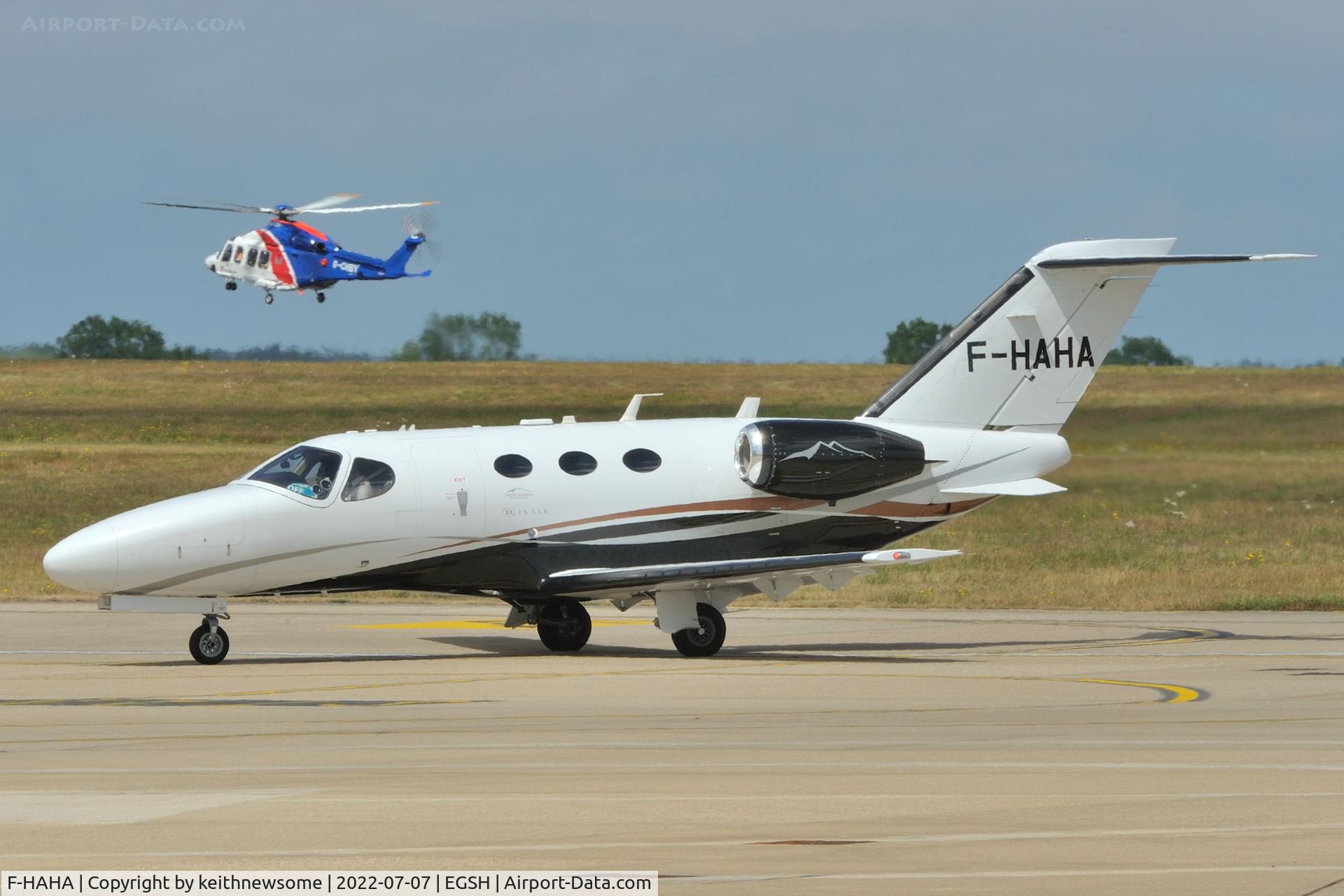 F-HAHA, 2012 Cessna 510 Citation Mustang Citation Mustang C/N 510-0405, Arriving at Norwich from Geneva.