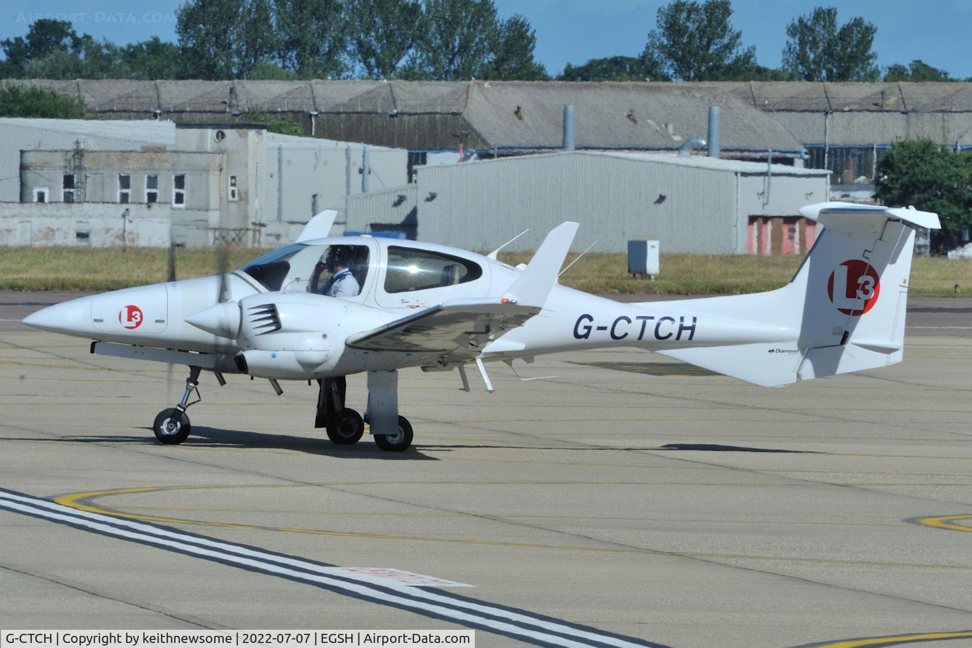 G-CTCH, 2007 Diamond DA-42 Twin Star C/N 42.238, Leaving Norwich for Cranfield.
