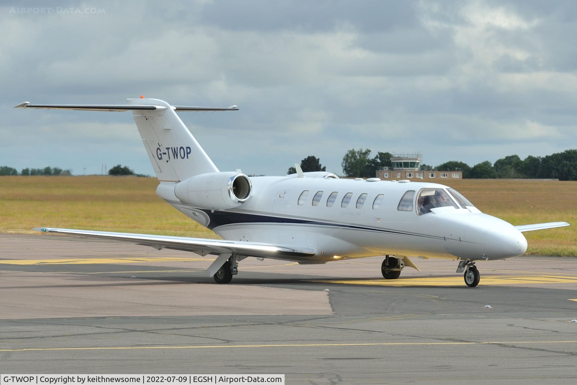 G-TWOP, 2008 Cessna 525A CitationJet CJ2+ C/N 525A-0397, Leaving Norwich for Malaga.