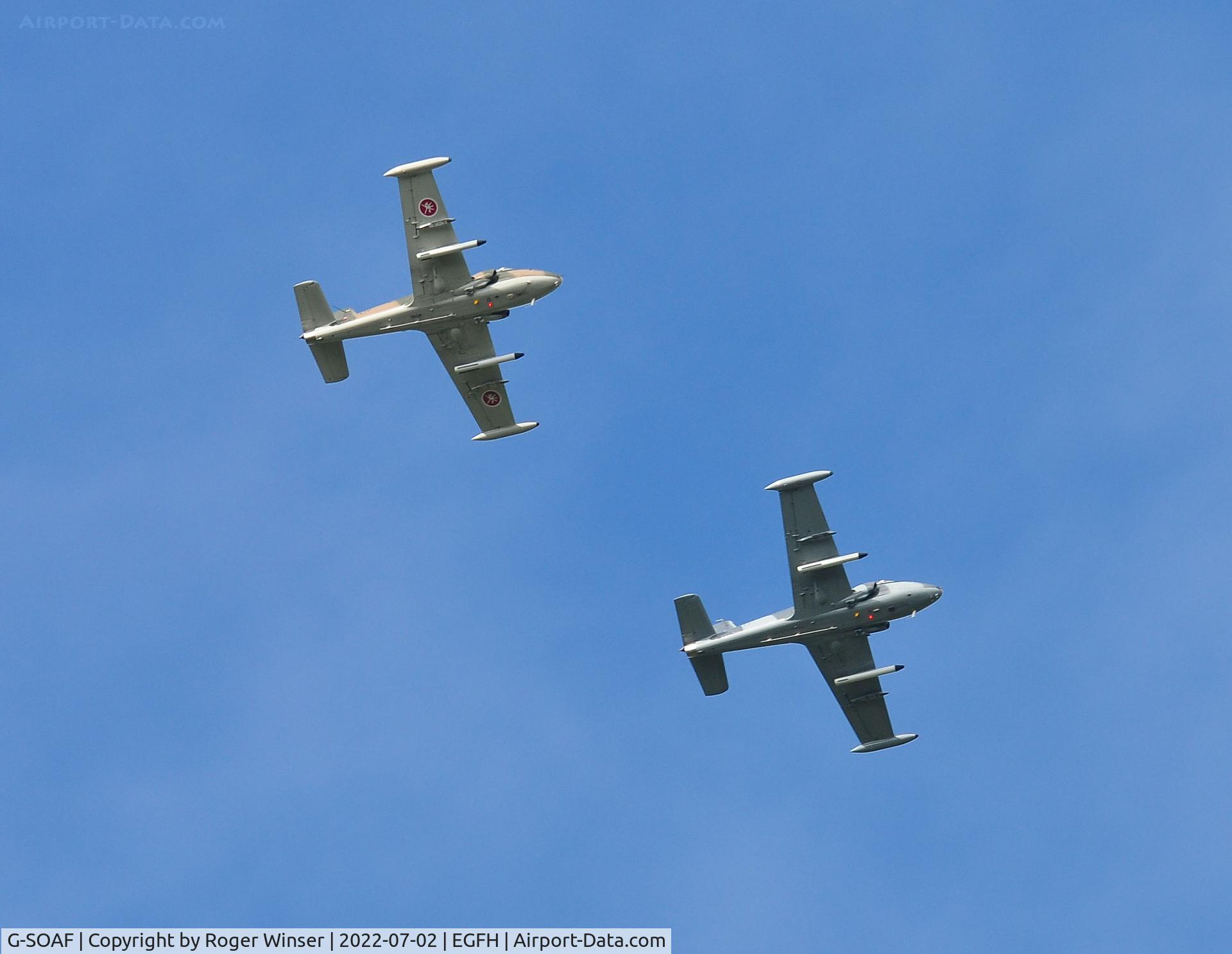 G-SOAF, 1986 BAC 167 Strikemaster Mk.82A C/N 425, Strikemaster Duo with G-SOAF leading G-RSAF overhead the airport.
