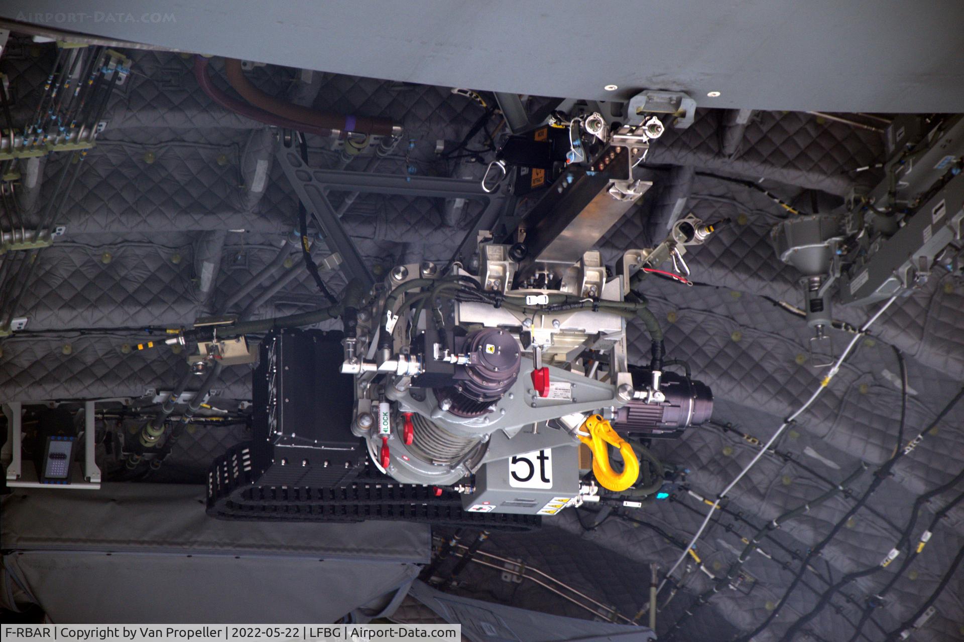 F-RBAR, 2020 Airbus A400M Atlas C/N 110, The hoist in the rear of an Airbus A400M-180 Atlas of the French Air Force at BA709 Cognac - Châteaubernard Air Base, France, 22 may 2022