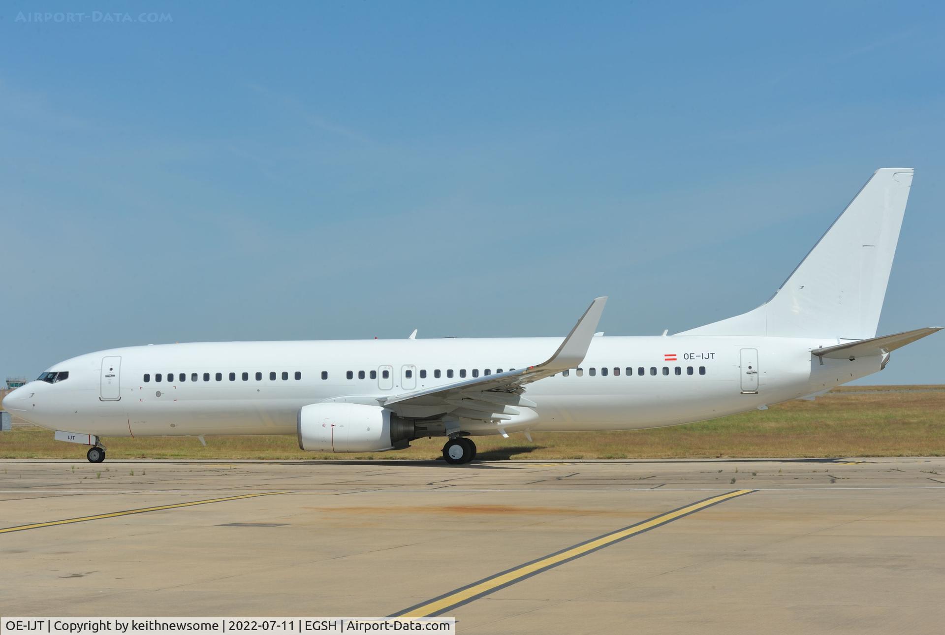 OE-IJT, 2009 Boeing 737-8AS C/N 37534, Leaving Norwich for Majorca following paintwork.