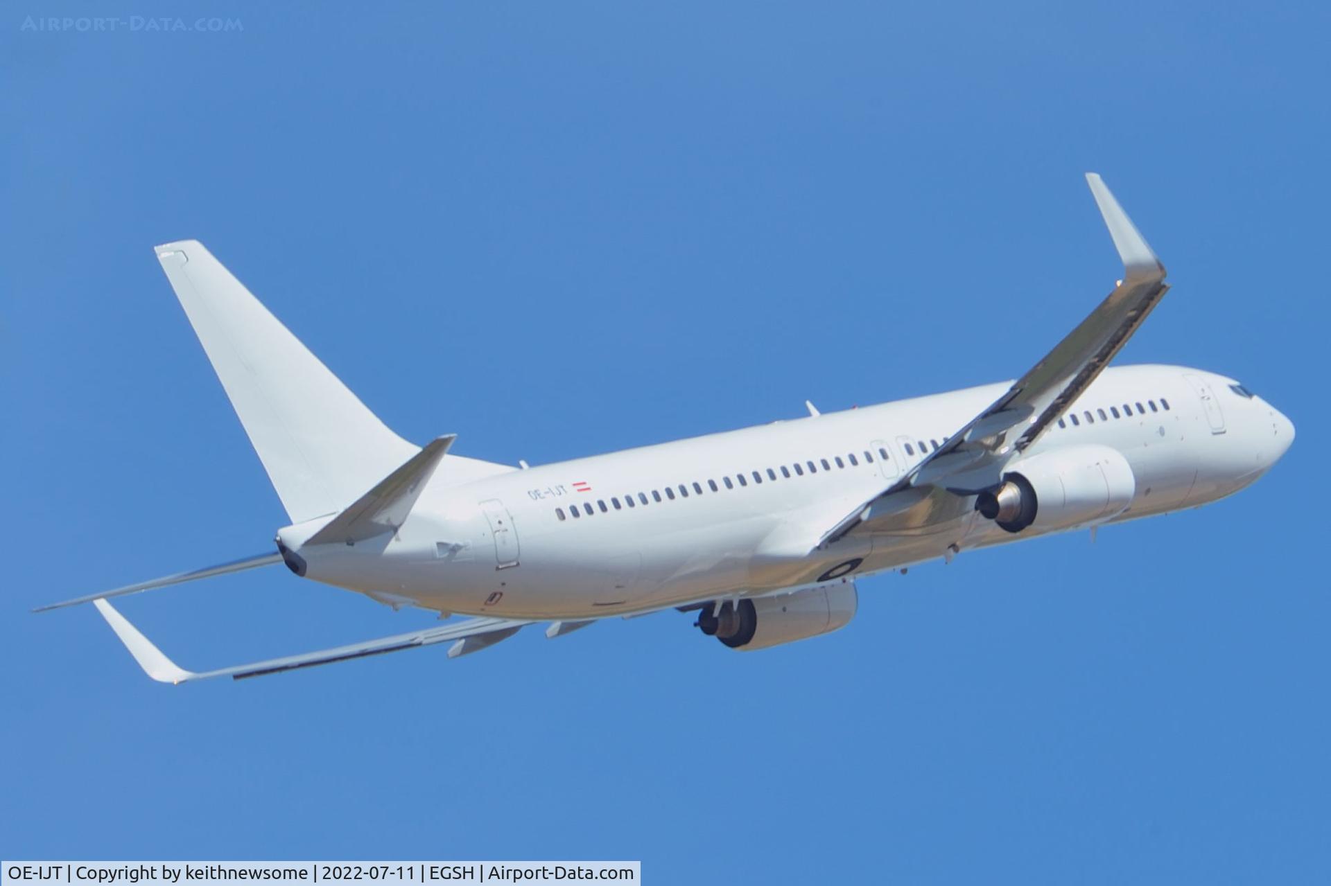 OE-IJT, 2009 Boeing 737-8AS C/N 37534, Leaving Norwich for Majorca following paintwork.